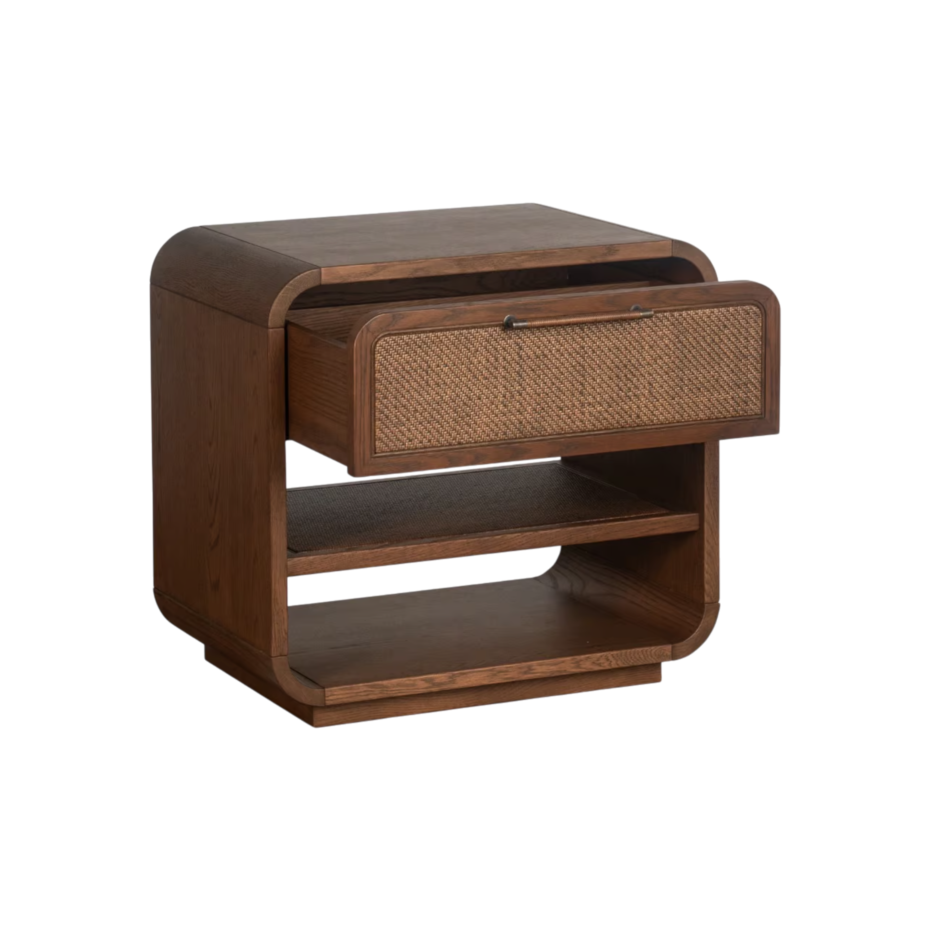 Cabo Nightstand with woven-front drawer open above textured shelf and lower storage