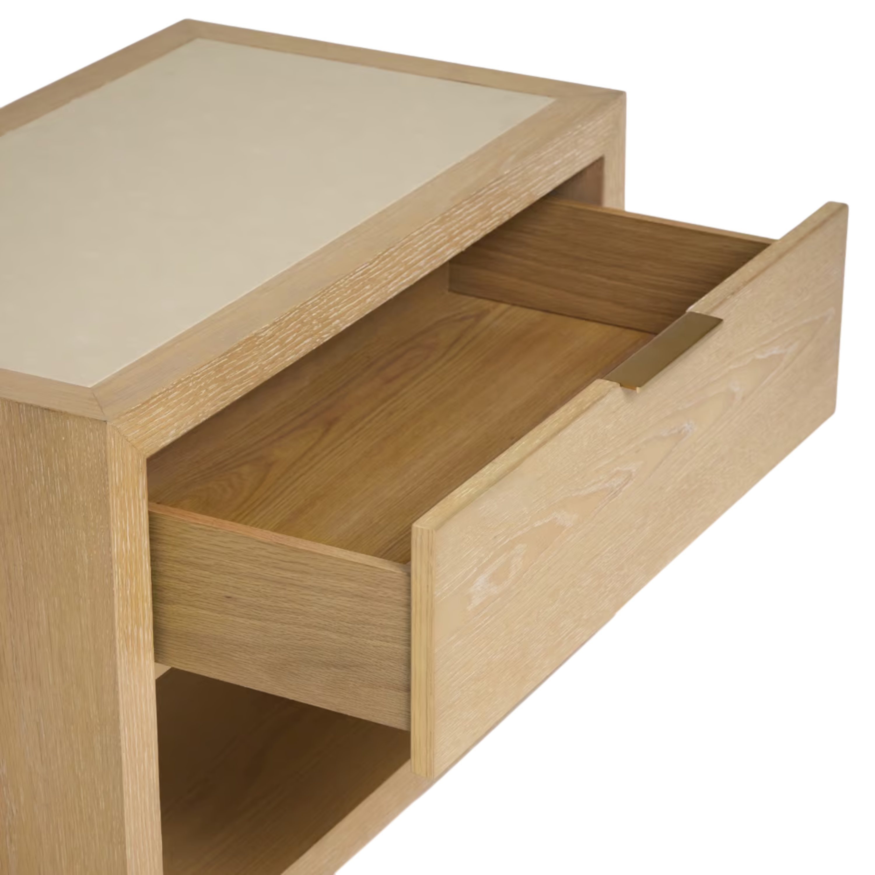 Cleo Nightstand with drawer open above spacious lower shelf