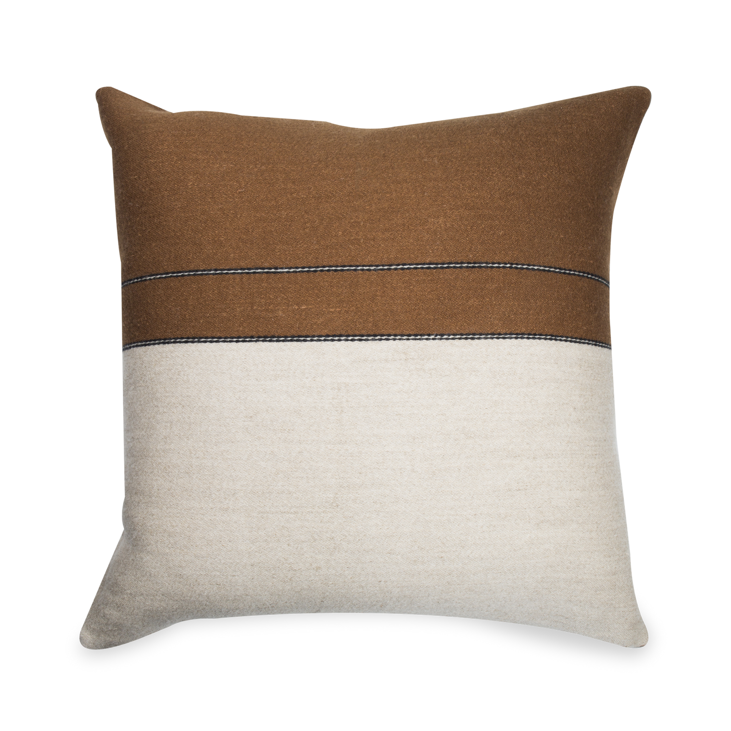 Made in Belgium%2C this pillow features a natural flax colour highlighted with beeswax brown%2C black and natural stripes.