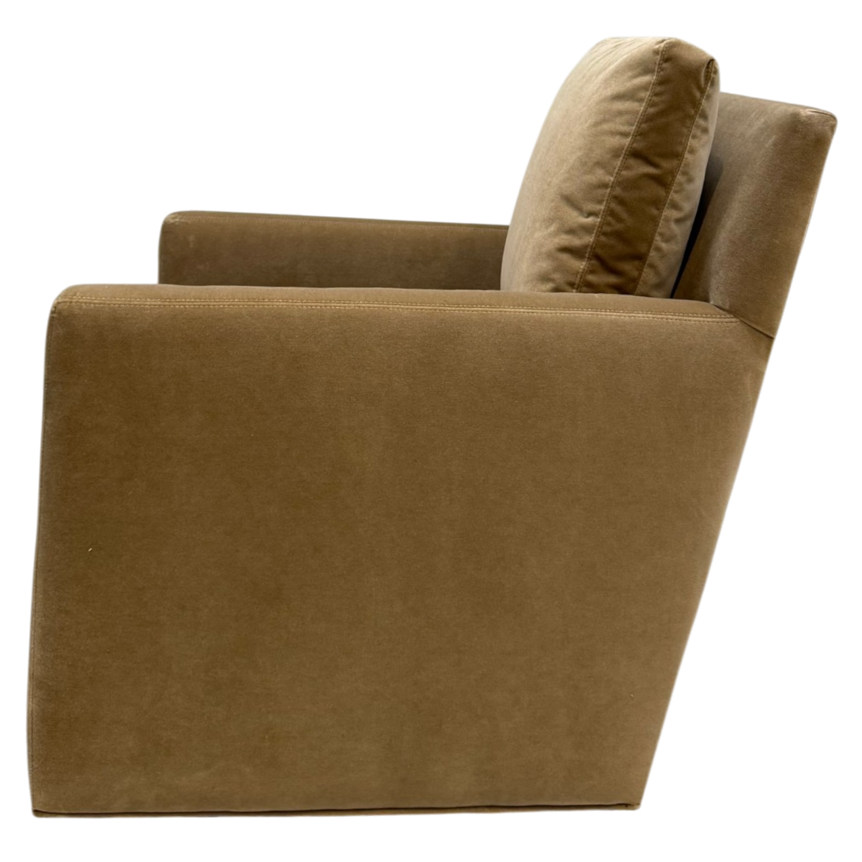 Side view of the Weston Swivel Chair highlighting the angled back, supportive loose cushion and tailored track-arm profile.