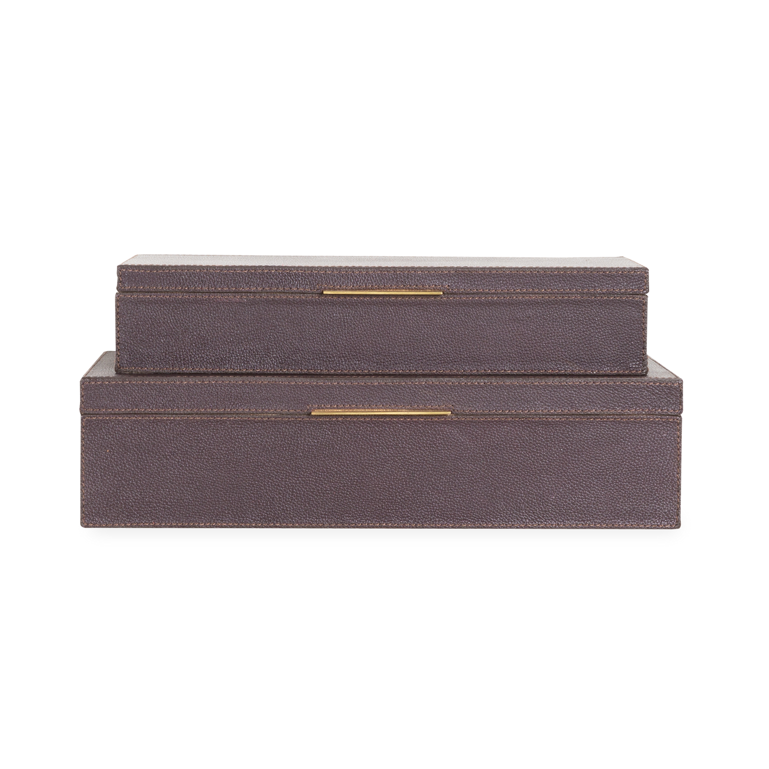Offering a luxurious aesthetic with its lavish leather exterior and brass detailing%2C the Ralston Leather Boxes in Aubergine provide an elegant complement to your countertop collect