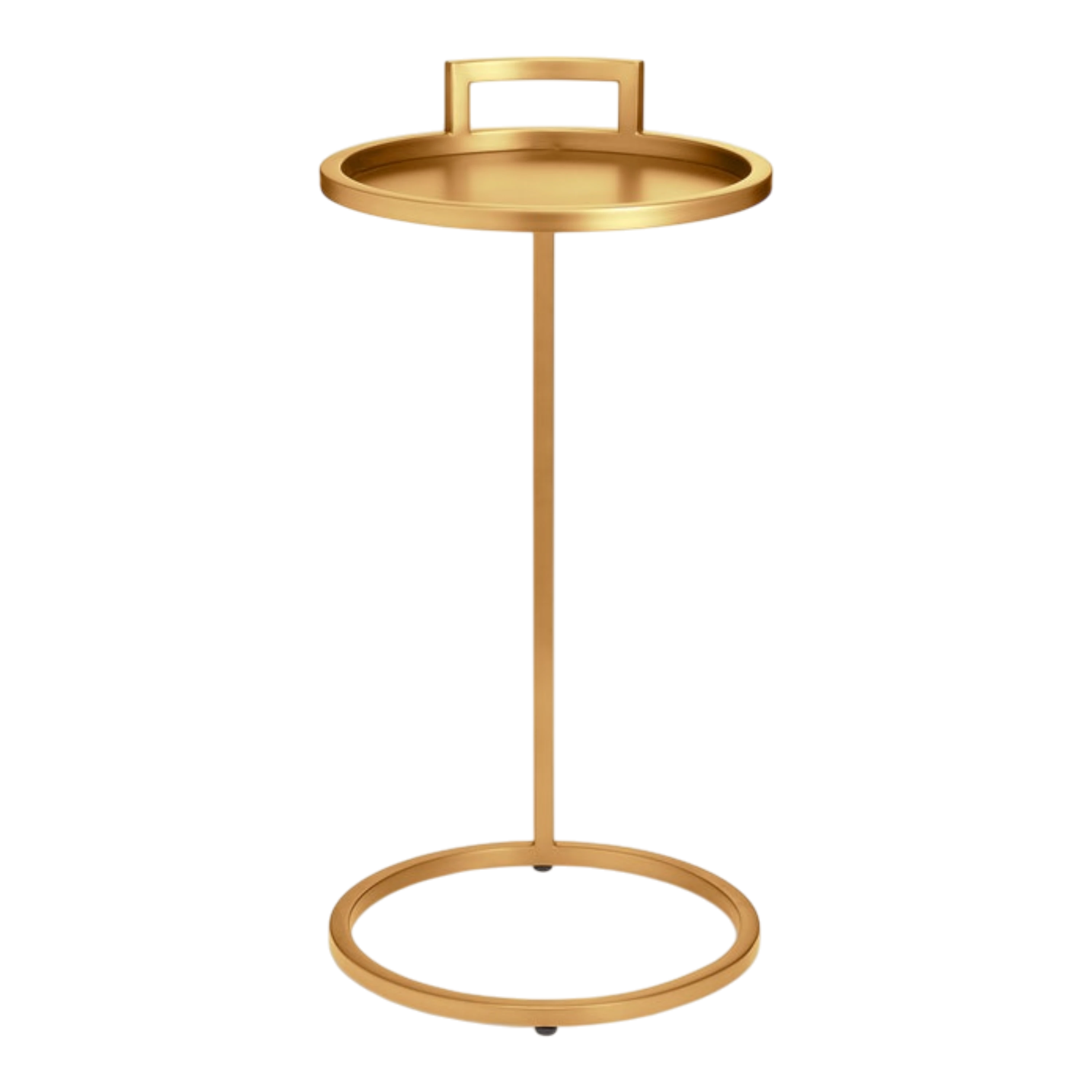Front view of the Taryn Side Table in brushed gold, featuring a raised round tray top, integrated handle, slender metal frame and open ring base.