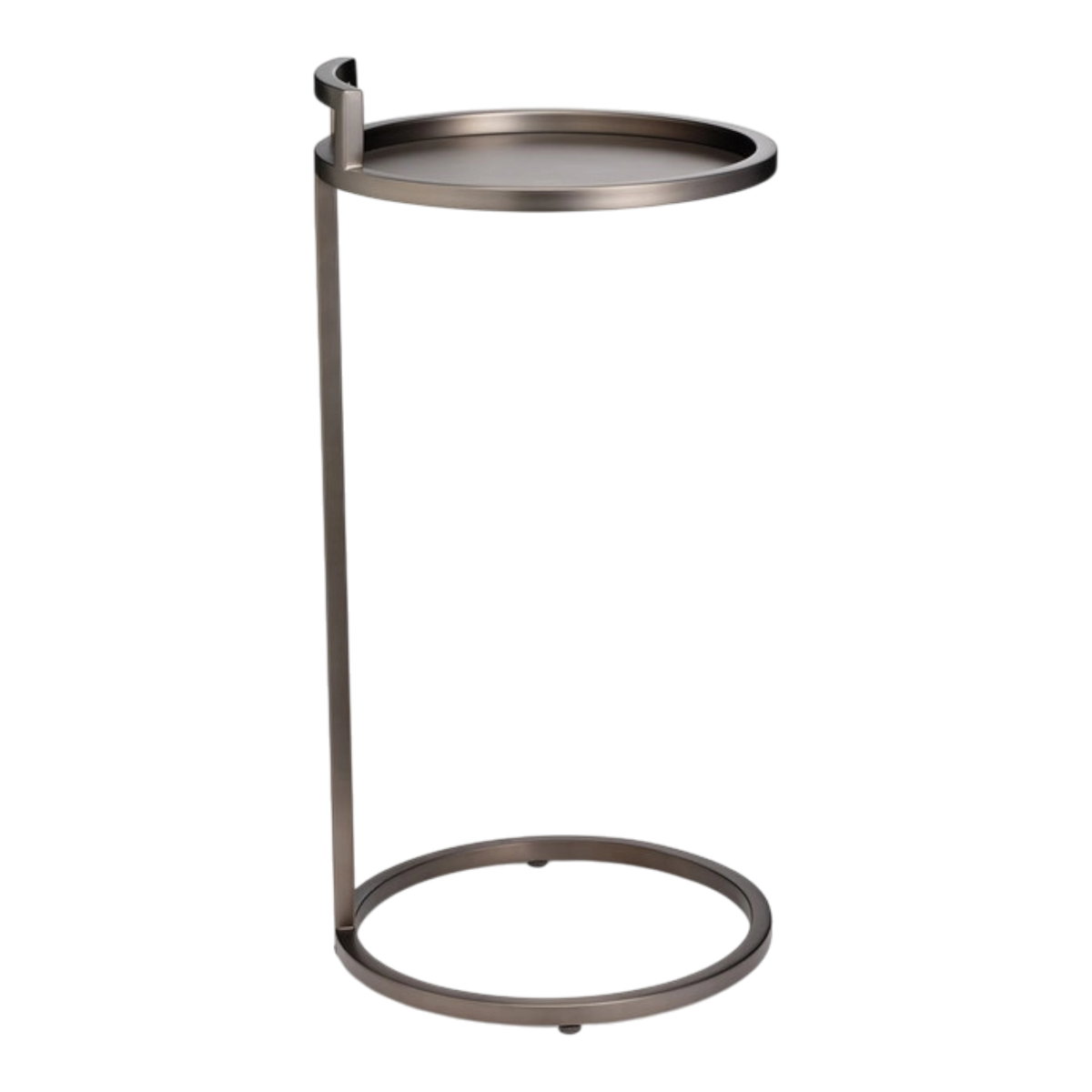 Angled side view of the Taryn Side Table highlighting its raised tray edge, brushed metal finish, slender vertical frame and circular base.