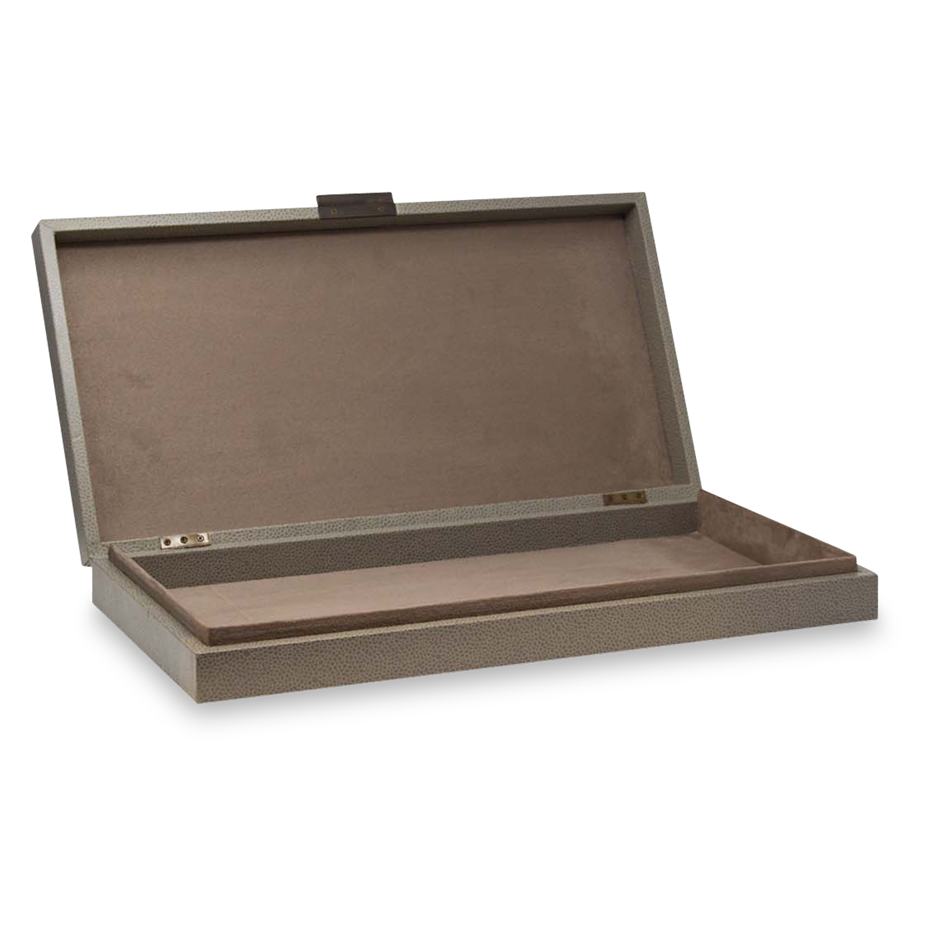 The perfect subtle graining of leather and understated bronze slim knobs provide fantastic complements for the bronze-coloured interior and smooth suede bases of these boxes.