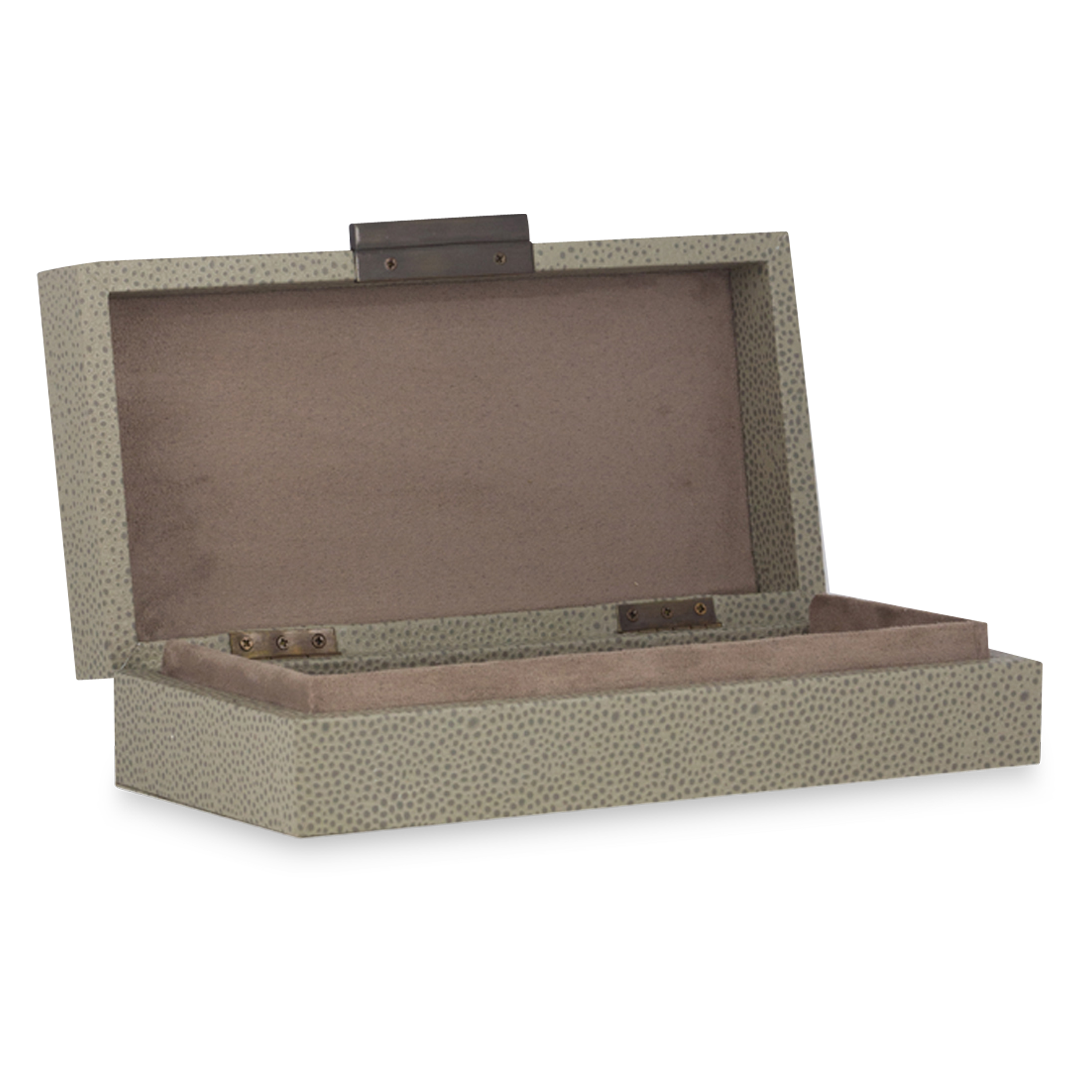 The perfect subtle graining of leather and understated bronze slim knobs provide fantastic complements for the bronze-coloured interior and smooth suede bases of these boxes.