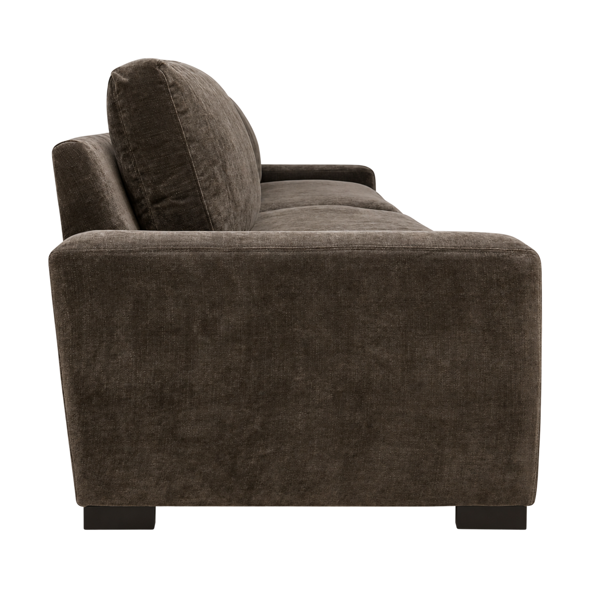 Arizona Sofa shown from the side in Charcoal Brown textured velvet, with a thick square arm, angled back cushions and dark block feet.