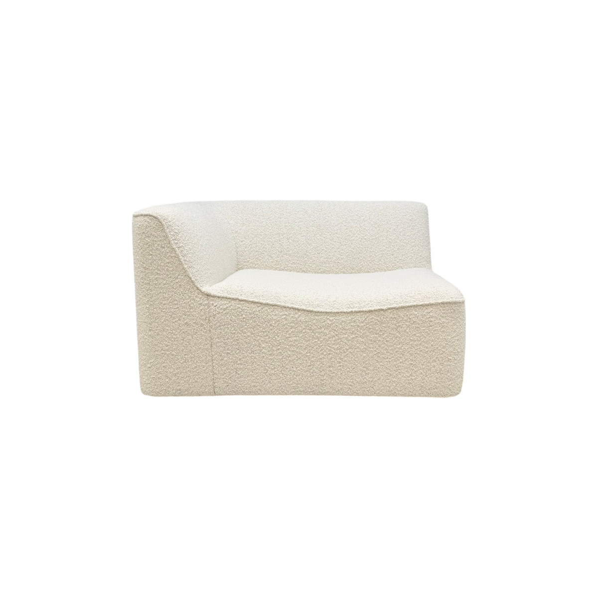 Bento Modular LAF Chair in ivory bouclé, front view showing its sculptural curved back, left arm and softly contoured seat.