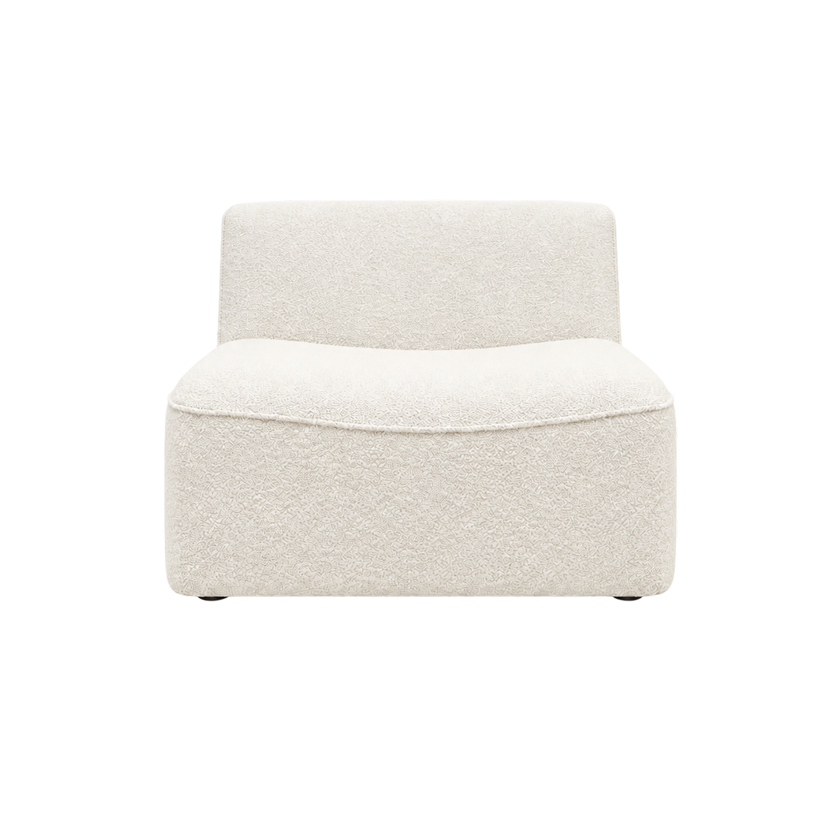Bento Modular Armless Chair shown from the front in ivory bouclé, with a low, softly angled back, a gently curved piped seat edge and small dark feet just visible at the base.