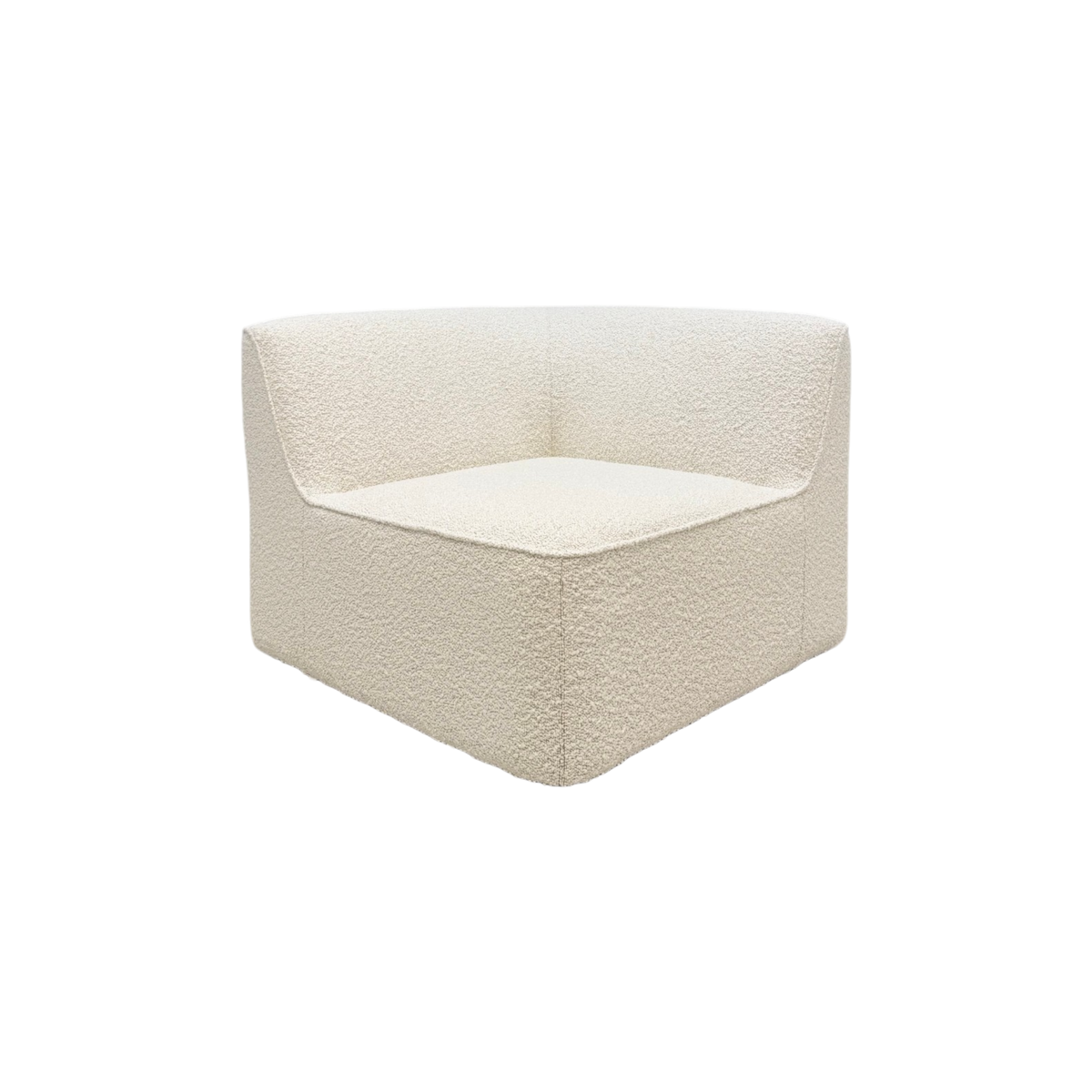 Bento Modular Corner Chair in ivory bouclé, angled front view showing the sculptural corner form, wraparound backrest, and plush textured upholstery.