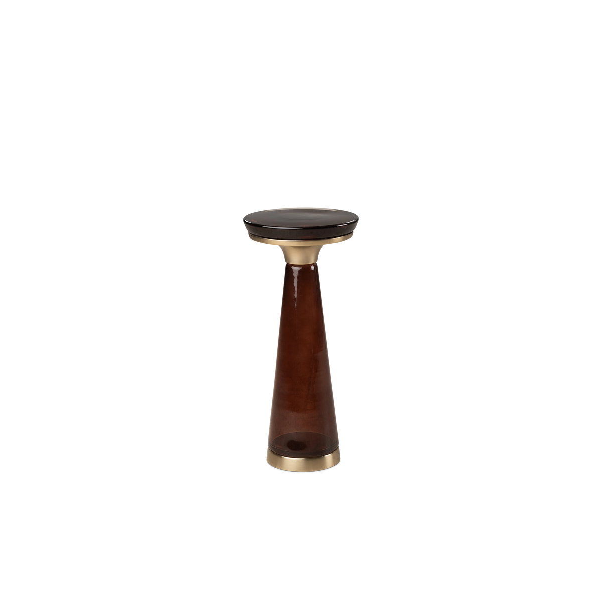 Caden Pull Up Table shown from the front in Sienna glass with brushed metal trim, with a tapered hand-blown pedestal, flared collar, and slim round top.