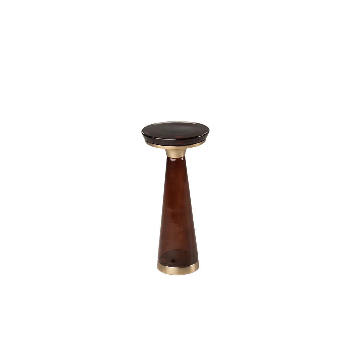 Caden Pull Up Table angled slightly from above in Sienna glass, highlighting the glossy top, metal foot ring, and gradient in the glass base.