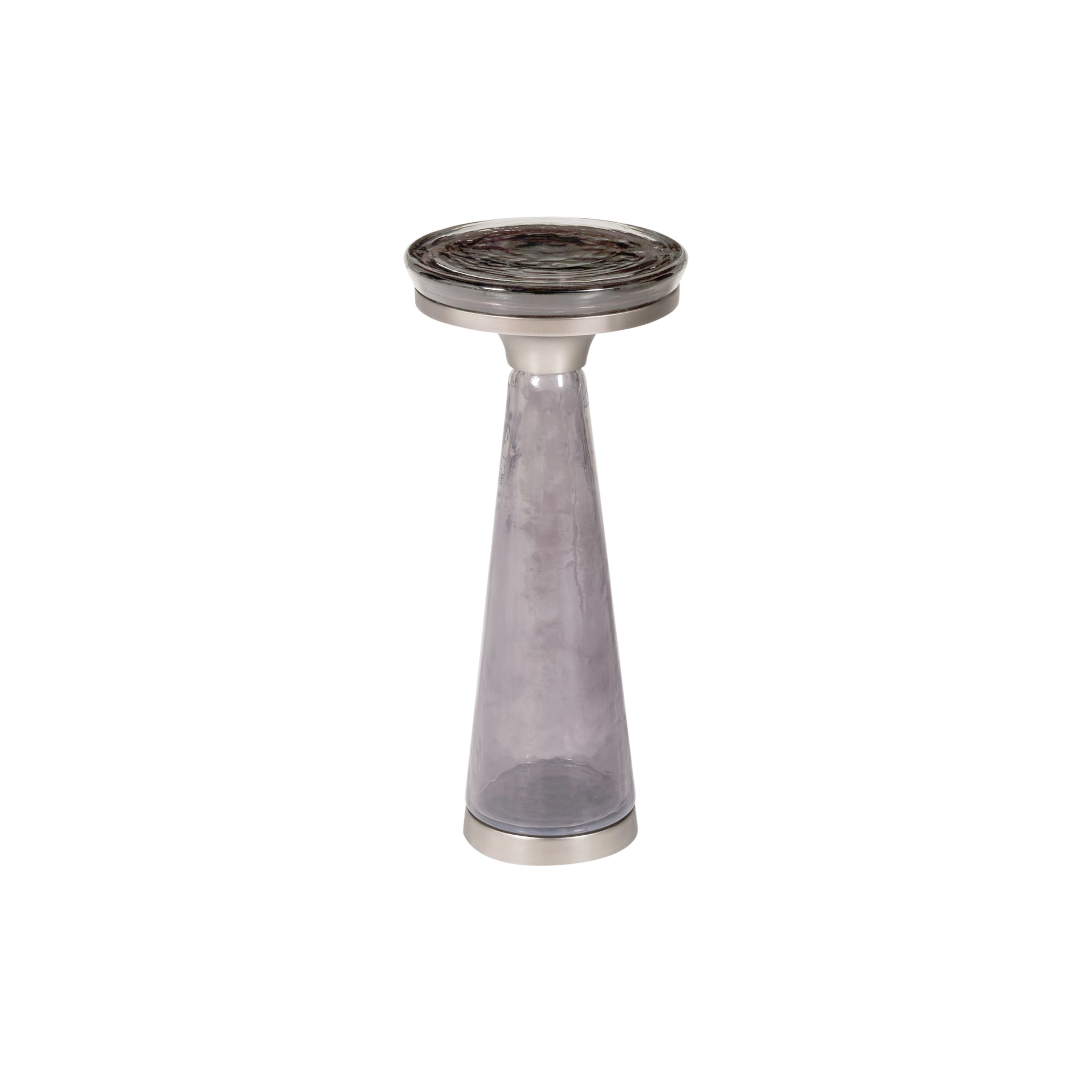Caden Pull Up Table with a slender slightly tapered pedestal in tinted translucent glass and circular top.