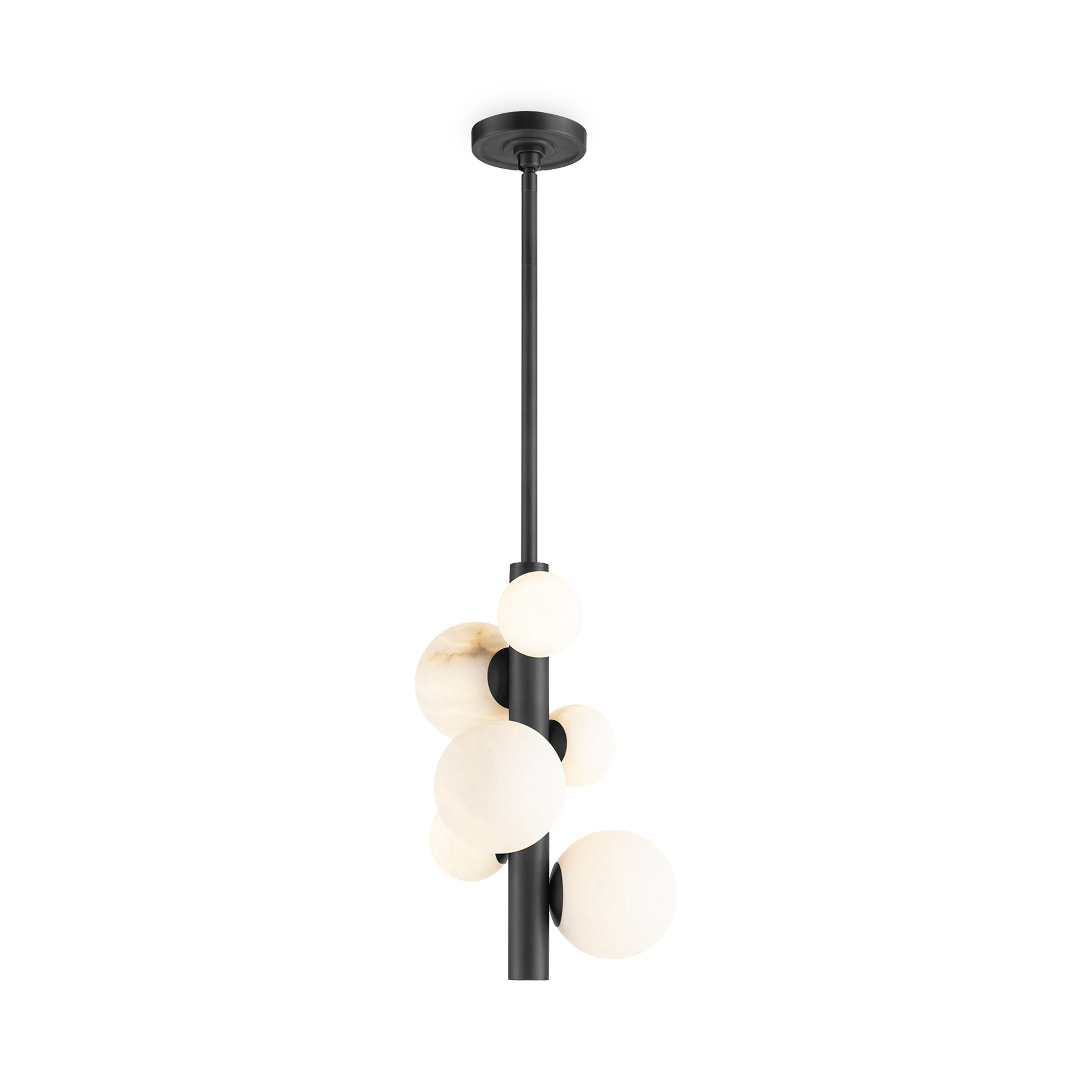 Natural alabaster stone orbs dance around a metal base, adding a spectacular sculptural element to your home.