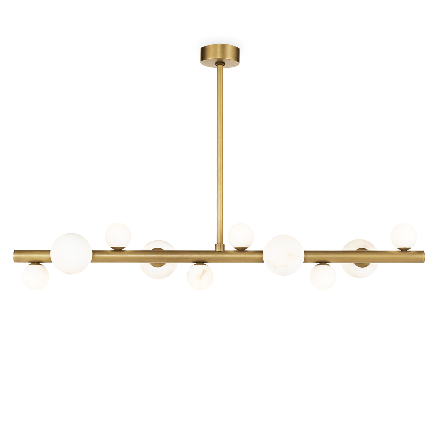 Natural alabaster stone orbs dance around a metal base%2C adding a spectacular sculptural element to your home.