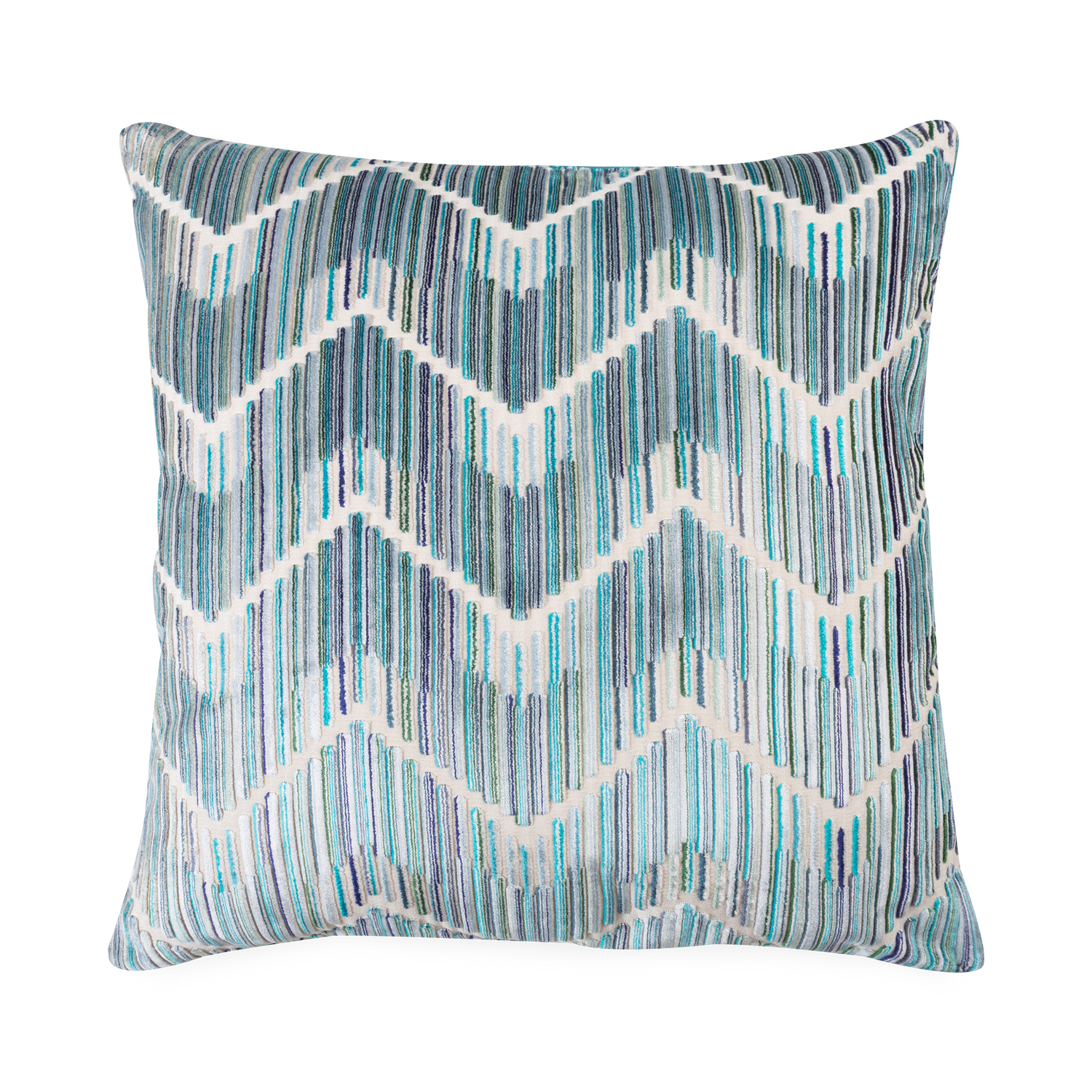 Defined by its expressive use of forms%2C the Velvet Zigzag Pillow uses a teal-green chevron pattern to offer a captivating and artistic element to your sofa or bed.