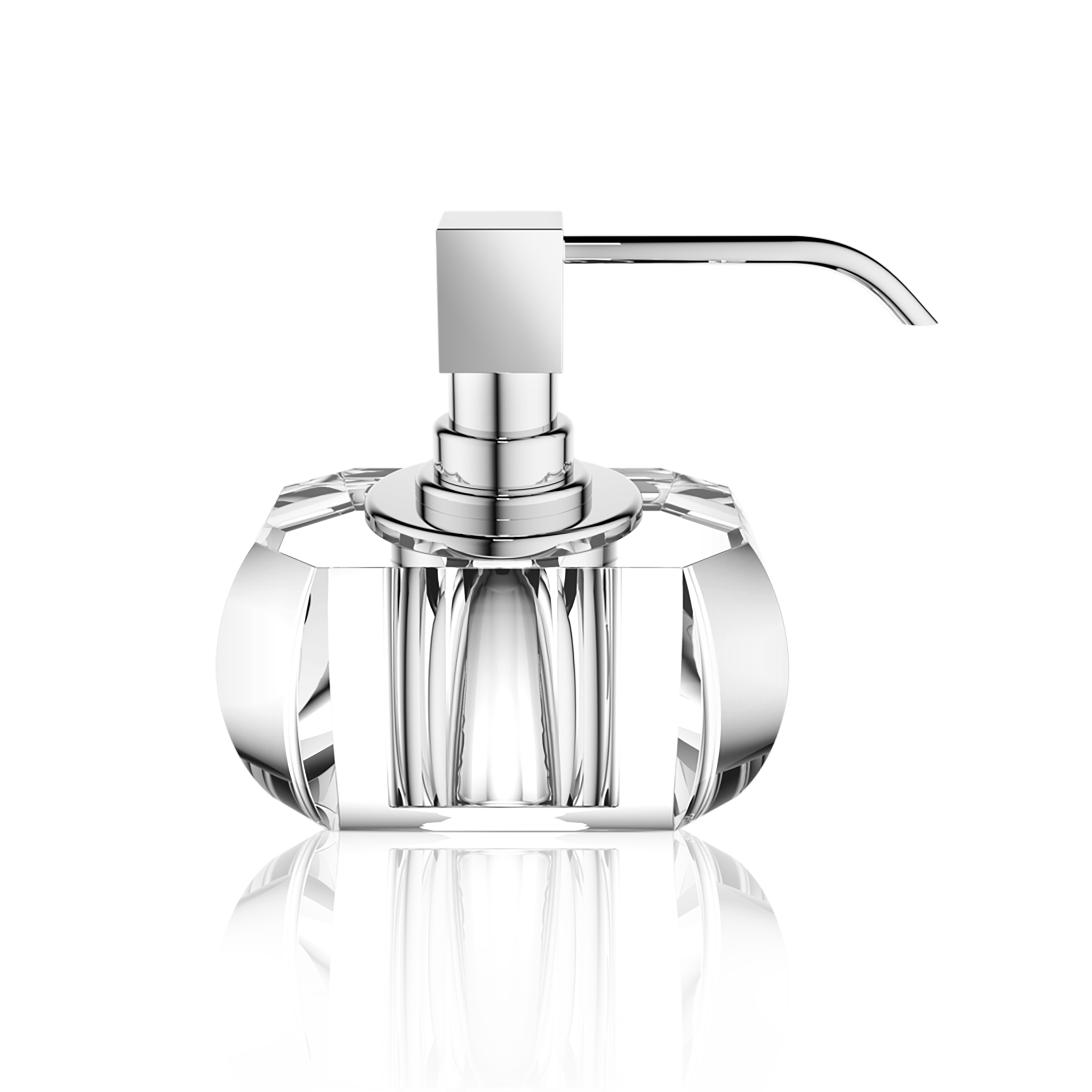 Dazzle with the Kristall soap dispenser, featuring a beveled crystal jar adorned with a chrome pump.