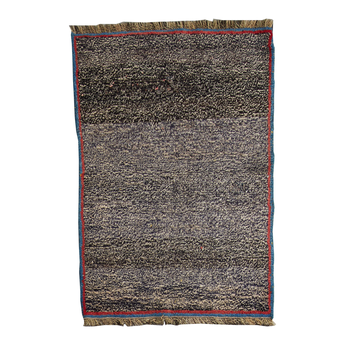 A rectangular woven rug with a dark charcoal and beige heathered center, bordered by a thin red stripe and a blue outer border with fringed edges, shown flat against a white background.