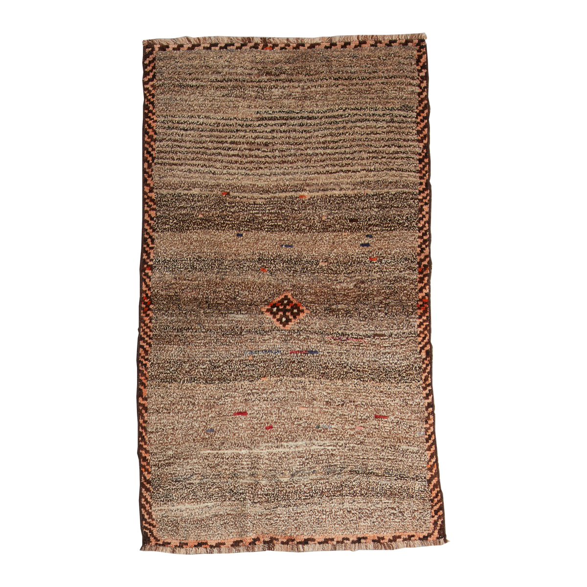 A rectangular hand-woven wool rug with a rustic tribal design, featuring a textured taupe and brown striped field, a central diamond medallion, and a braided border.