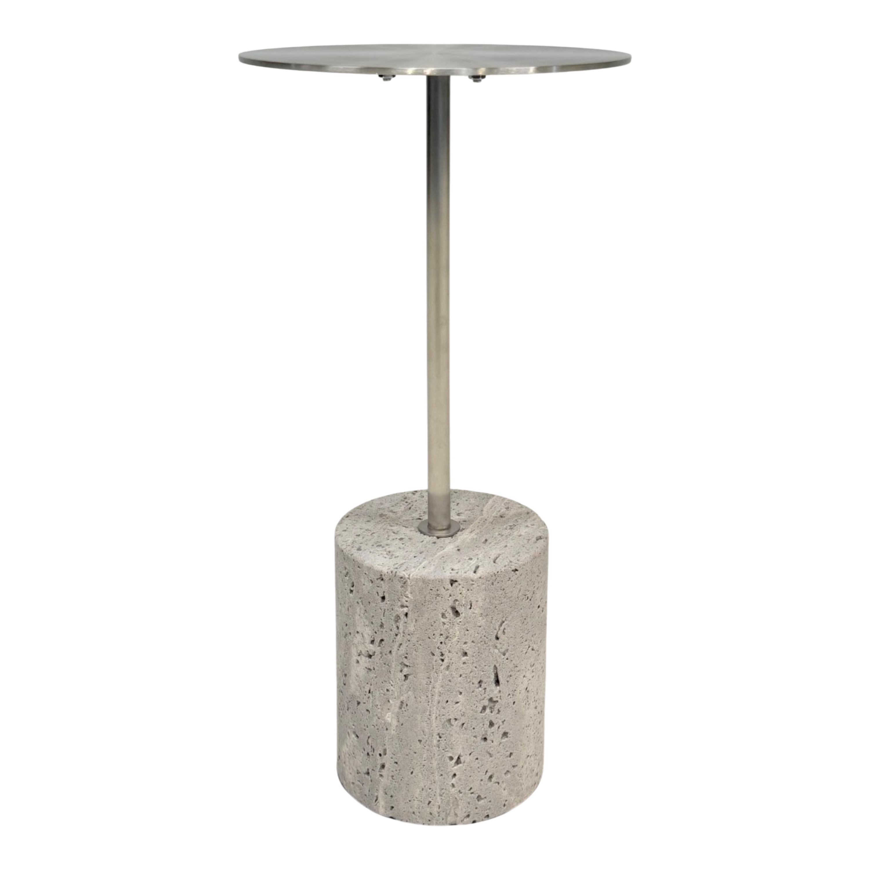 Jasper Side table with a slender brushed-metal stem, thin circular top and substantial cylindrical stone base with a porous natural texture.