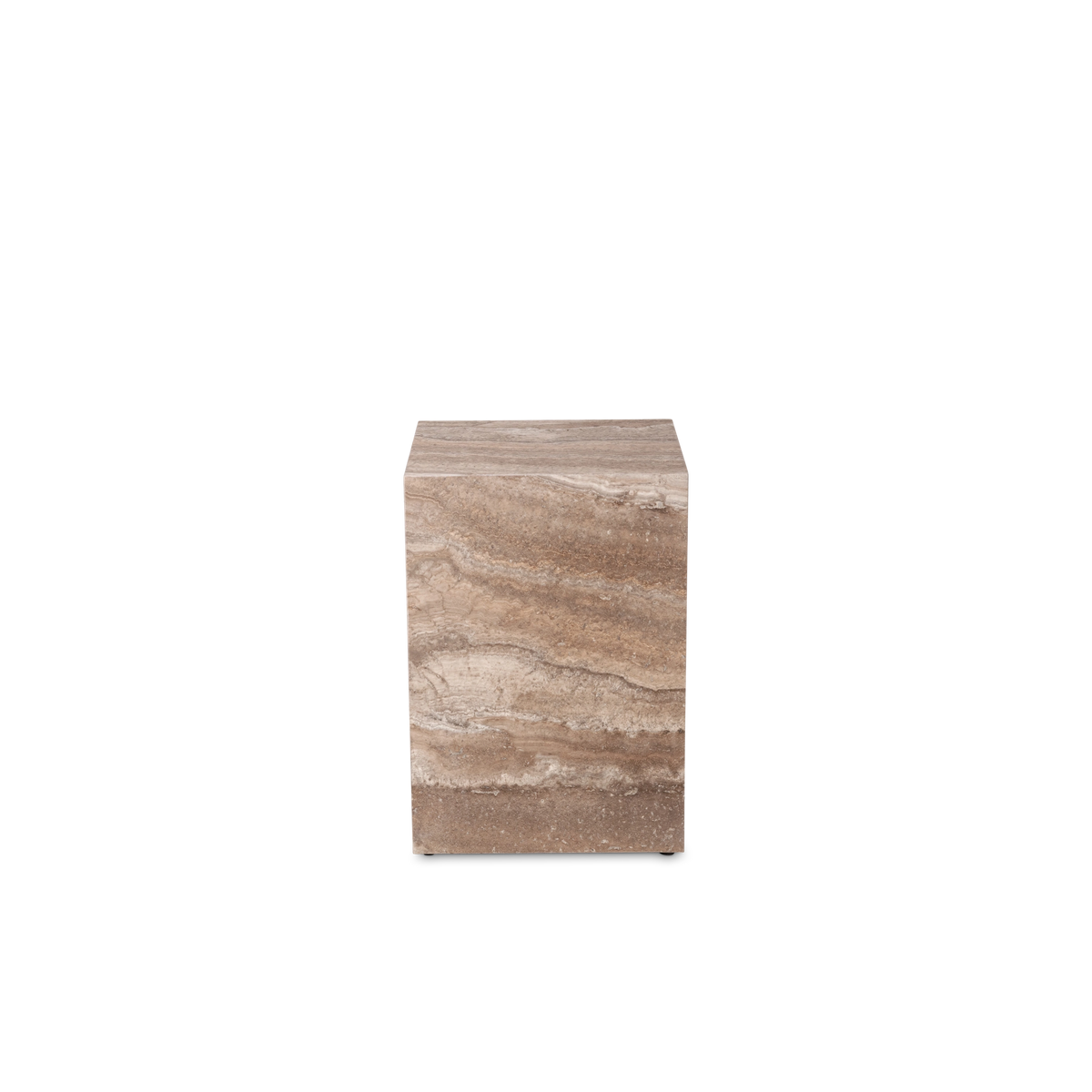 Duvall Side Table shown from the front in Taupe travertine, with horizontal cream, tan, and mocha banding across the solid block and a small dark foot at the base.