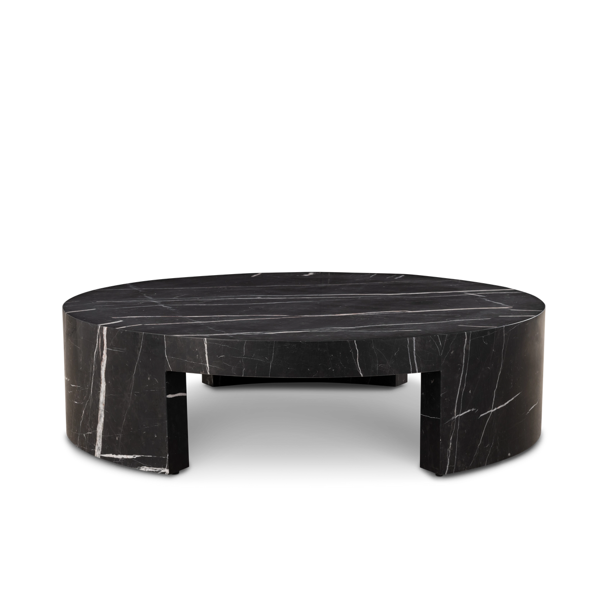 Shift Coffee Table shown from the front in Black Nero Marquina marble, with the arched legs framing the open center and white veins running across the top.