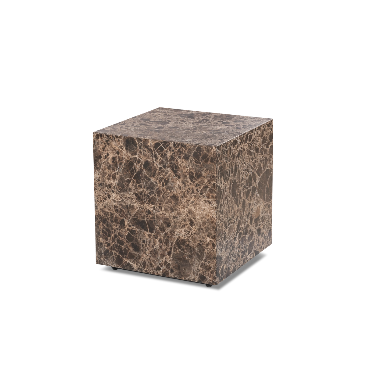 Meta Square Side Table in Chocolate Brown Dark Emperador marble from a slightly lower angle, showing the cube profile and the contrast between the side faces.
