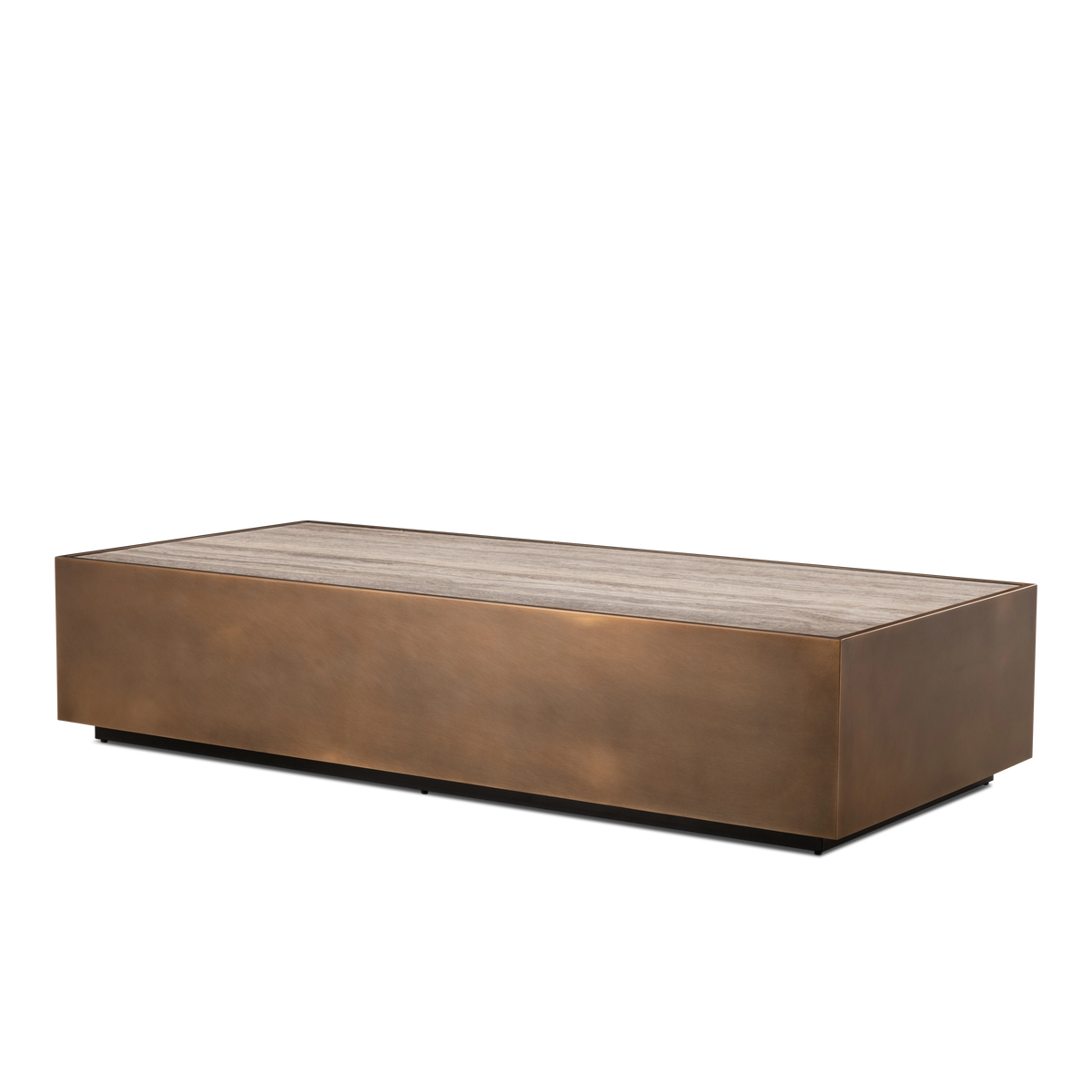 Pedra Rectangular Coffee Table in Aged Bronze from a slightly lower angle, showing the mottled amber patina on the metal and the horizontal veining across the top.