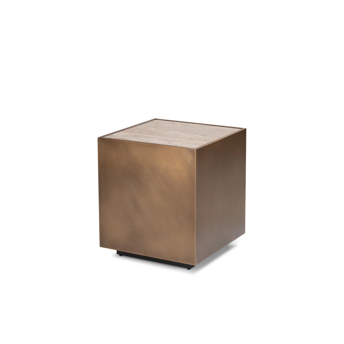 Pedra Square Side Table shown at a three-quarter angle in Aged Bronze metal with a taupe travertine top, a slim metal rim and a dark plinth with small feet.