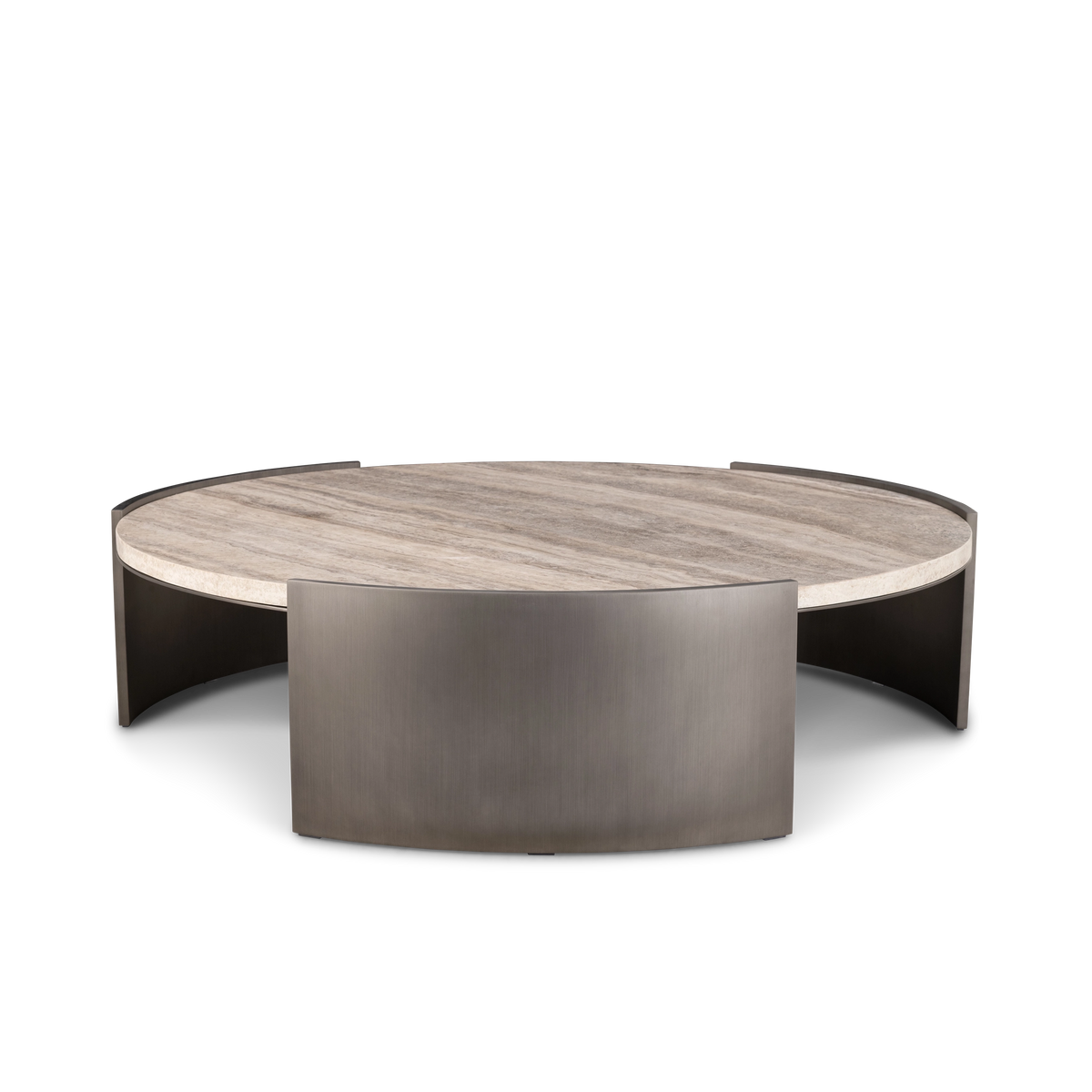 Beam Coffee Table shown from the front in Aged Pewter brushed metal with a cream travertine top, a wide curved center panel and two side panels behind.