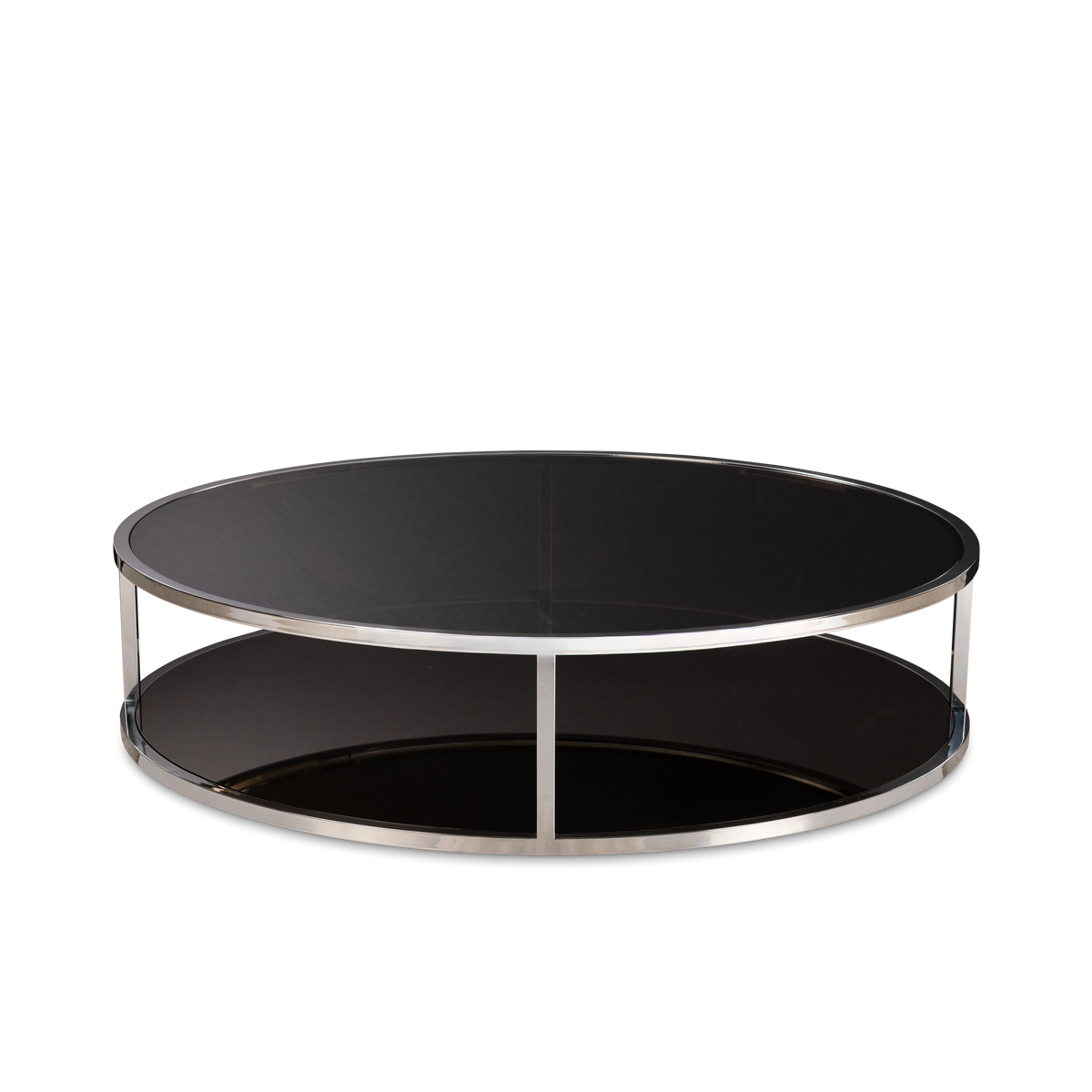Sandro Coffee Table in an angled view in Polished Steel and smoked glass, highlighting the slim posts, the two round tiers and the reflective lower shelf.