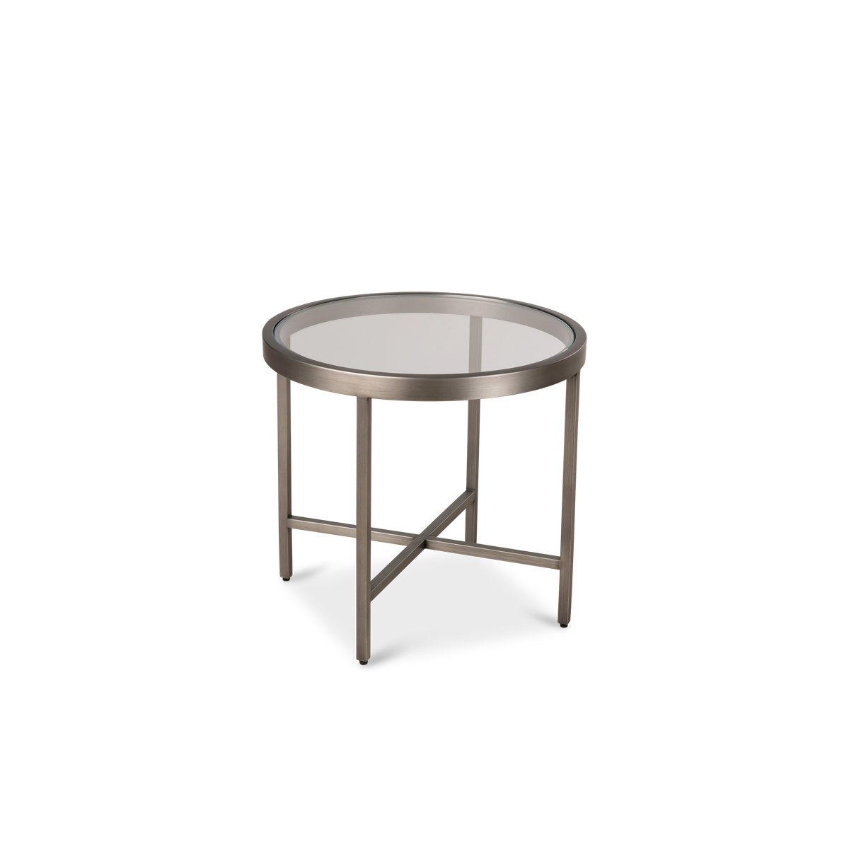 Tenor Side Table in Aged Pewter from a slightly different angle, showing the four square-tube legs, the X-shaped base, and small dark feet at the bottom.