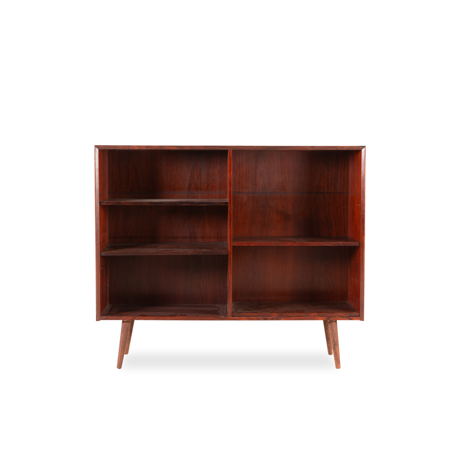 A beautiful display of rich aged rosewood%2C this vintage bookcase was designed by Erik Brouer for Brouer Mobelfabrik%2C Denmark.