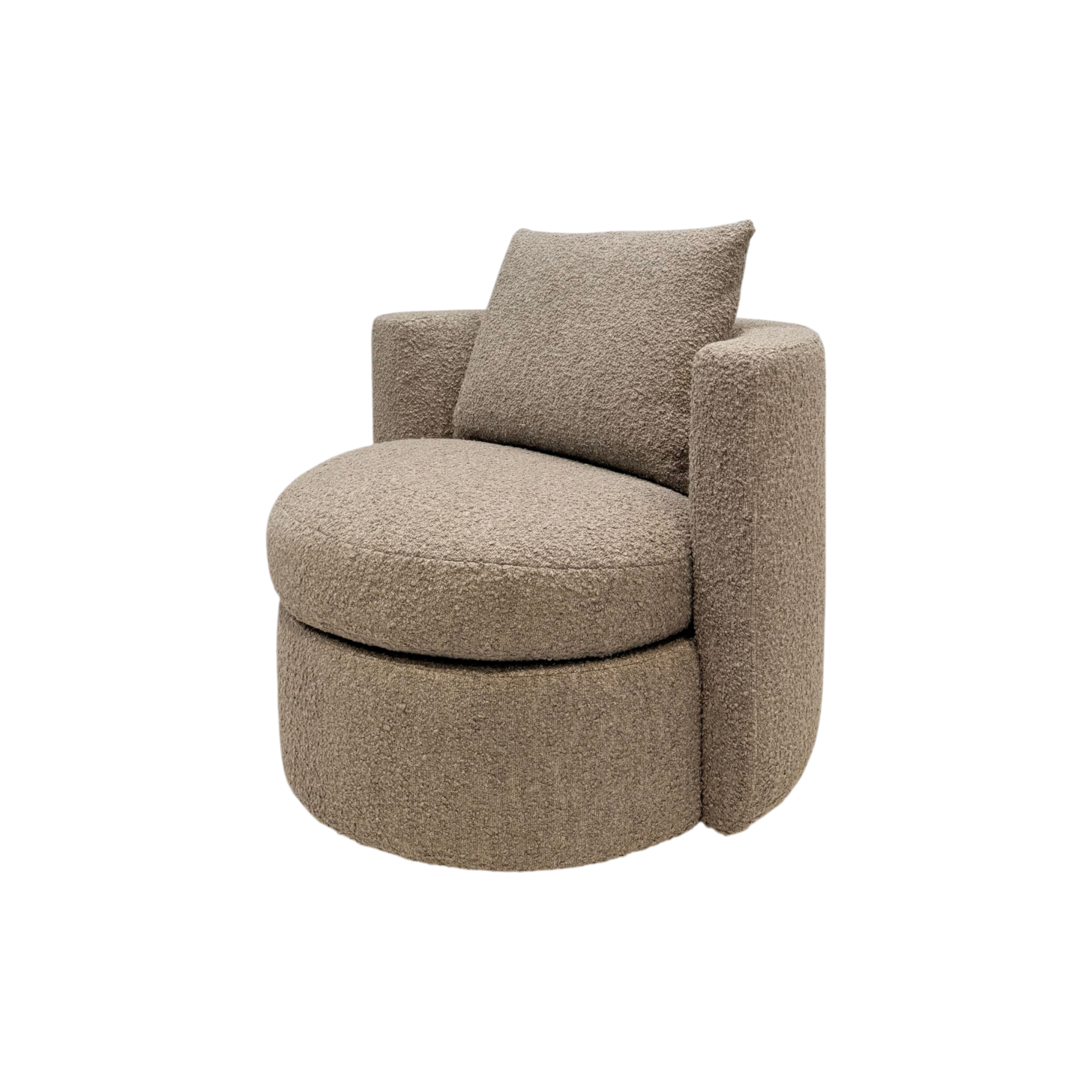 A modern round upholstered accent chair in a textured bouclé fabric, featuring a circular seat, cylindrical base, and a matching back cushion in a warm taupe-beige color, isolated on a white background.