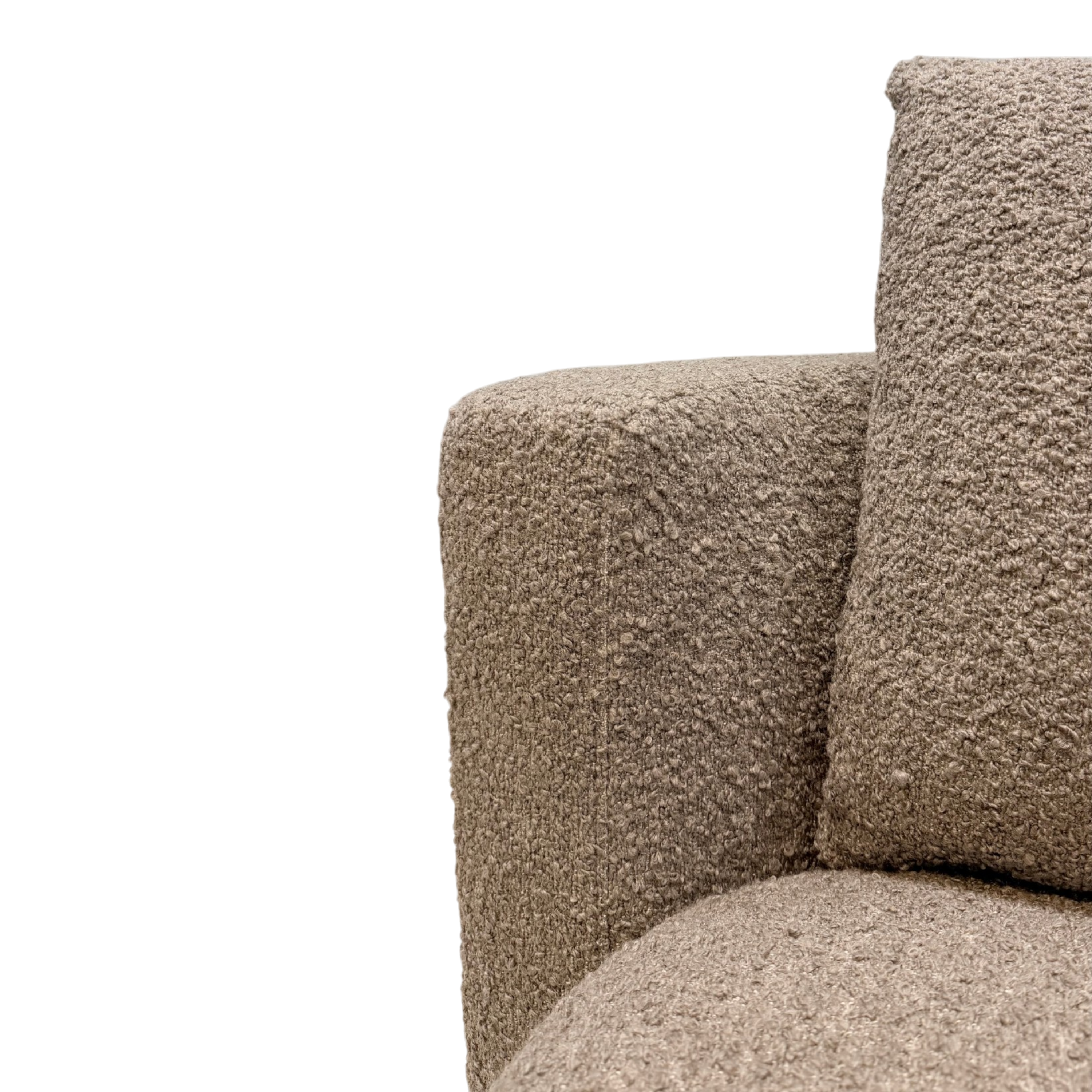 Close-up of a textured bouclé upholstered armrest and matching back cushion in a warm taupe-beige color, isolated on a white background.
