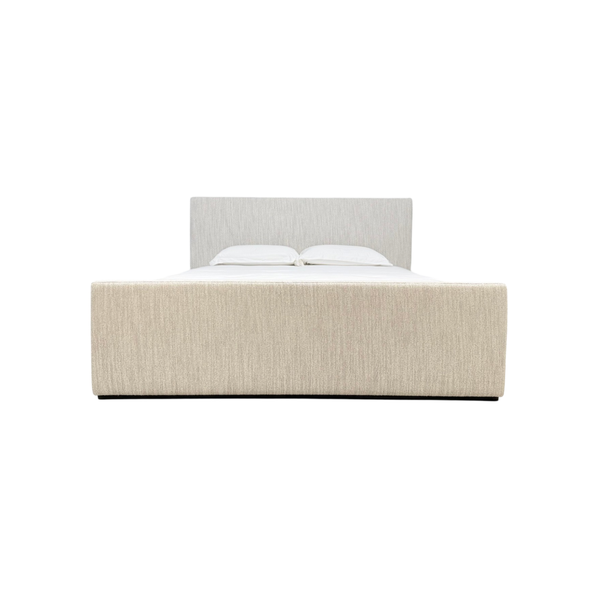Vital Footboard King Bed front view with a tall rectangular headboard, substantial upholstered footboard and softly textured ivory fabric.
