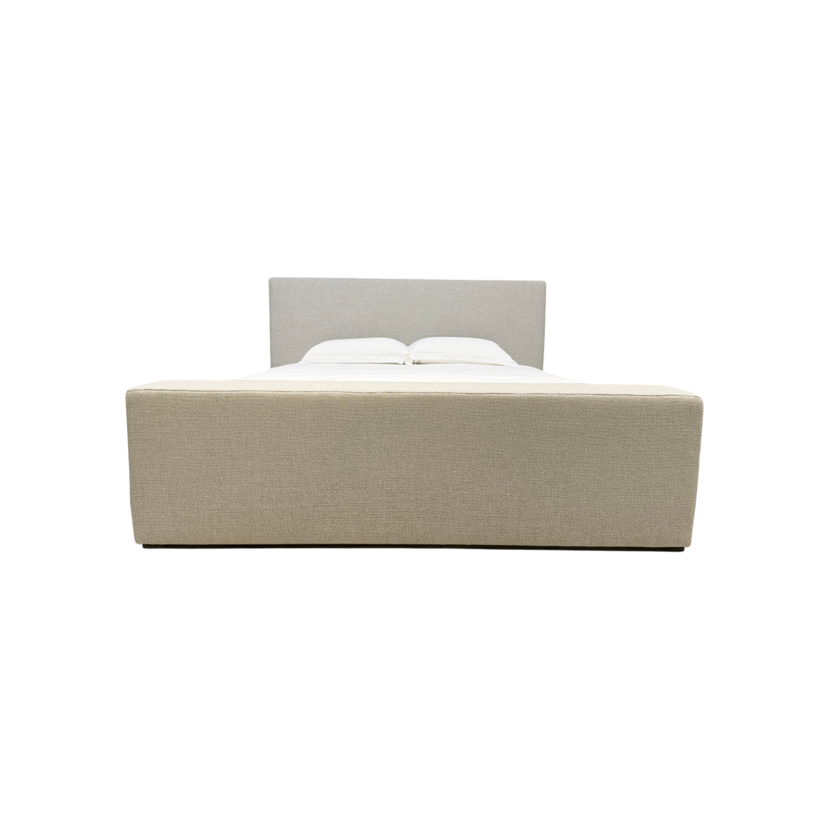 Vital King Bench Footboard Bed in neutral textured upholstery, front view with tall rectangular headboard and broad bench-style footboard.