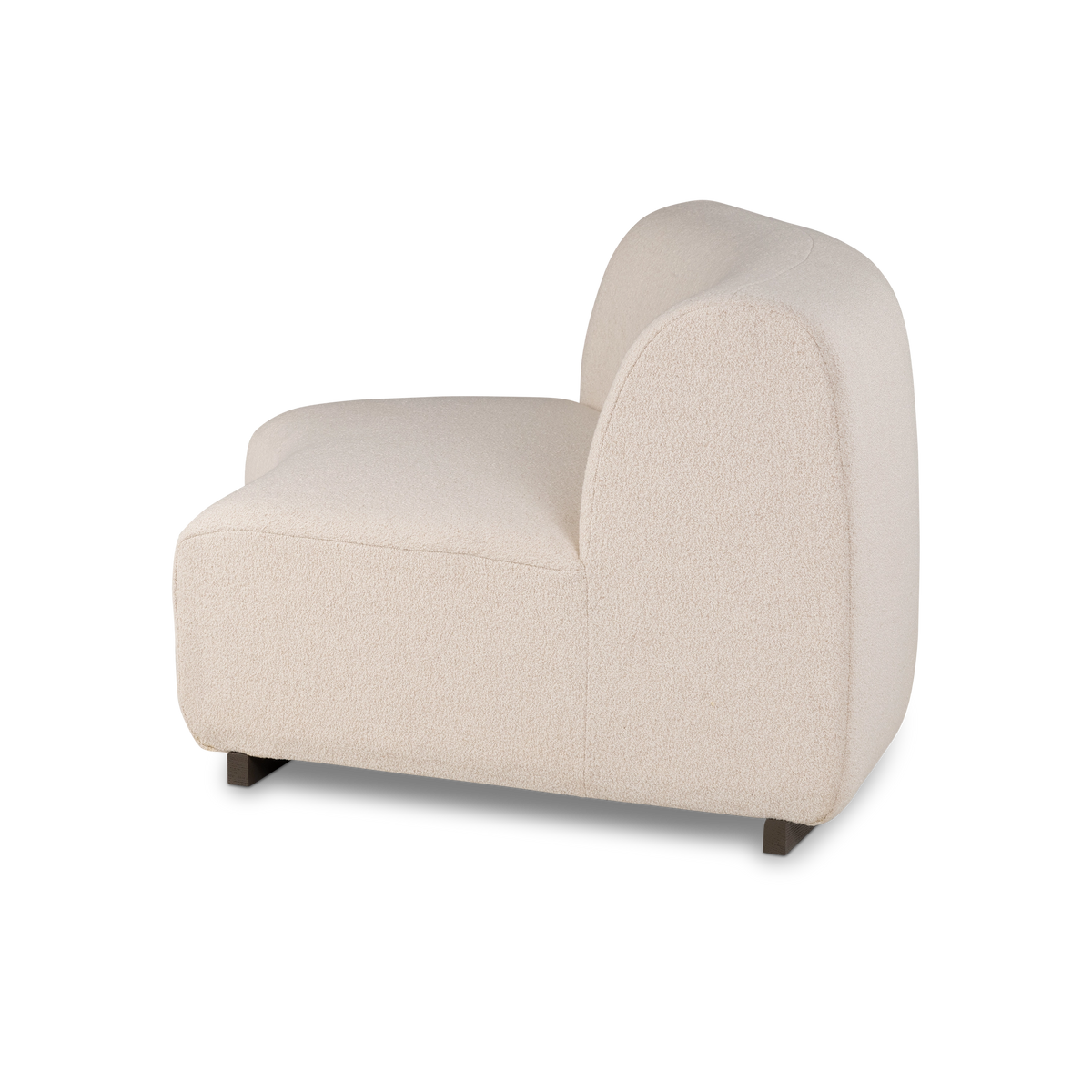 Rhine Modular Armless Chair shown from the front in cream bouclé upholstery, with the wide curved seat, the low straight back, and the dark base following the arc of the front edge.