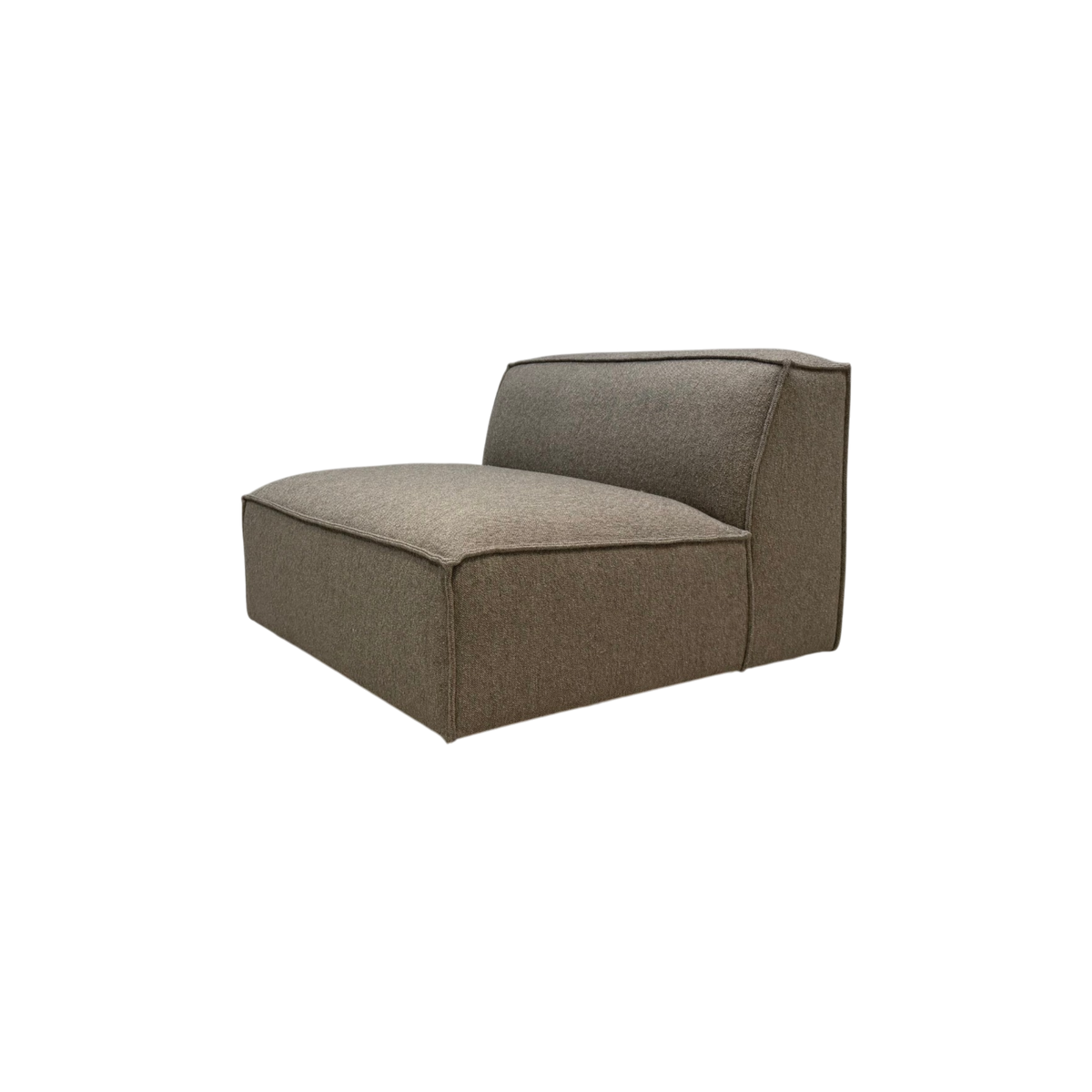 Vetro Modular Armless Chair in heathered brown woven fabric, angled view highlighting the deep seat, piped edges and clean armless modular form.