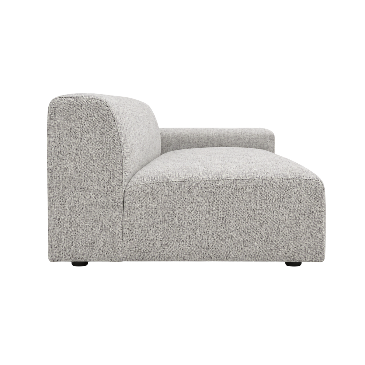 Vetro Bullnose RAF Chair in heathered gray basketweave, angled view highlighting the open connecting end and low-slung profile.