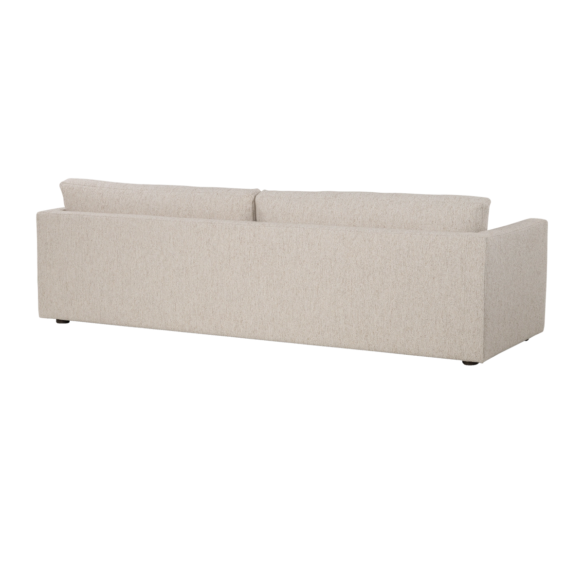 Kore Taper Arm Sofa in Oatmeal textured fabric shown from an angled rear view, with a smooth upholstered back panel, loose back cushions, and dark feet.