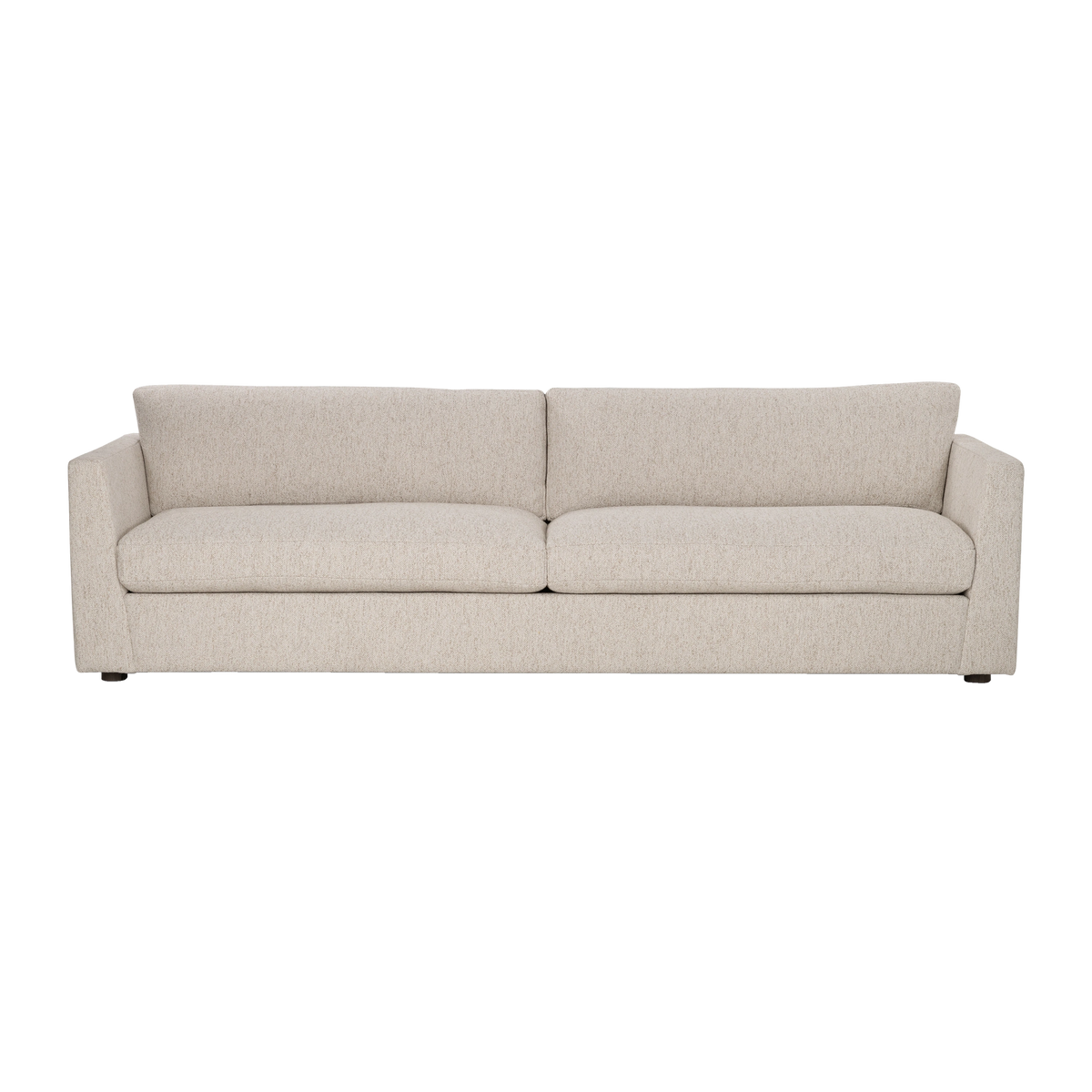 Kore Taper Arm Sofa shown from the front in Oatmeal textured fabric, with slim tapered arms, two seat cushions, two loose back cushions, and short dark feet.