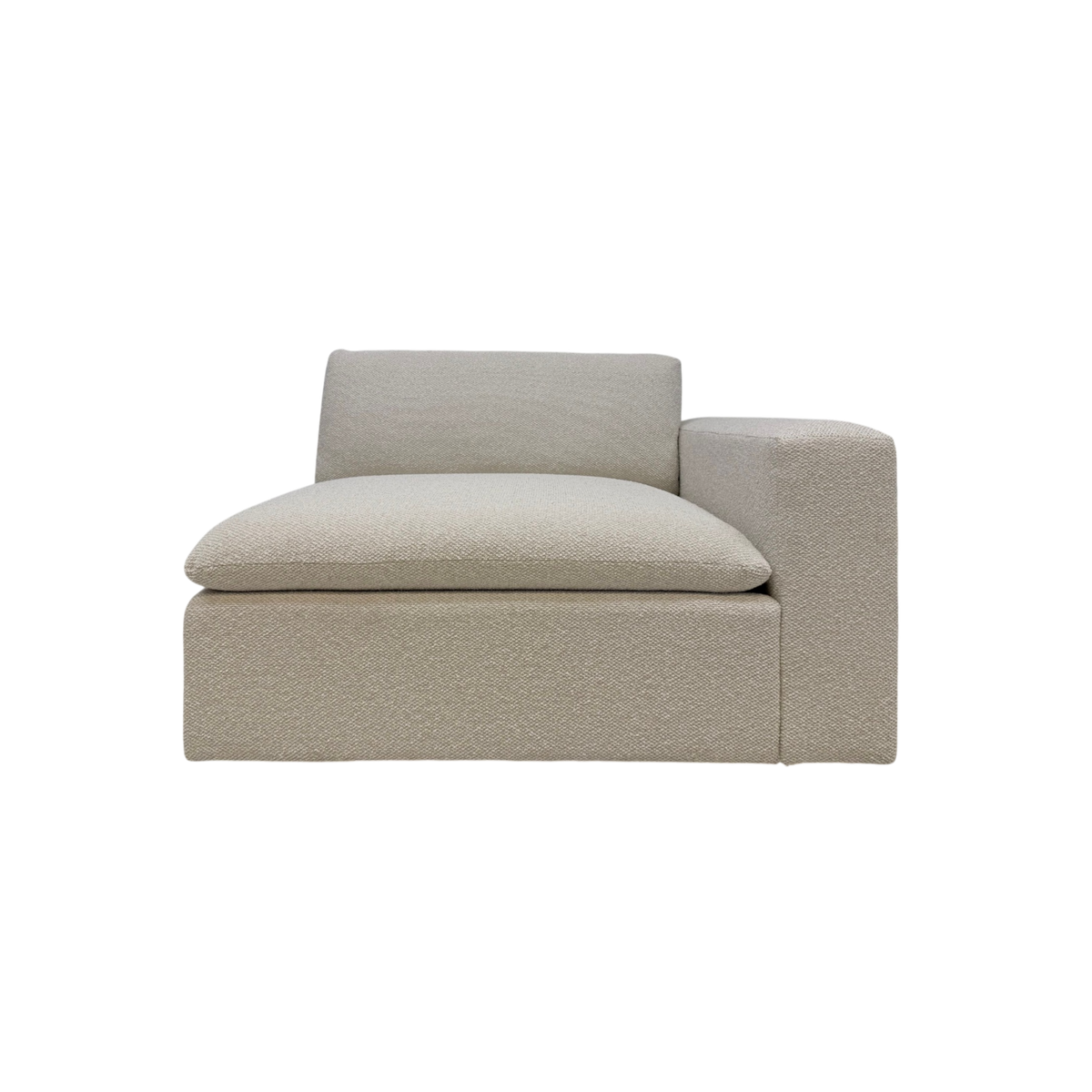 Tempo Modular RAF Chair front view with ivory textured upholstery, oversized loose seat and back cushions, and a low-profile right-arm-facing modular silhouette.