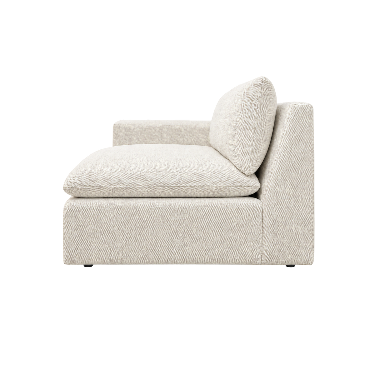 Tempo Modular LAF Chair in heathered greige textured upholstery, profile view revealing the deep pillowy seat, leaning back cushion, sloped back panel and slim arm beyond.