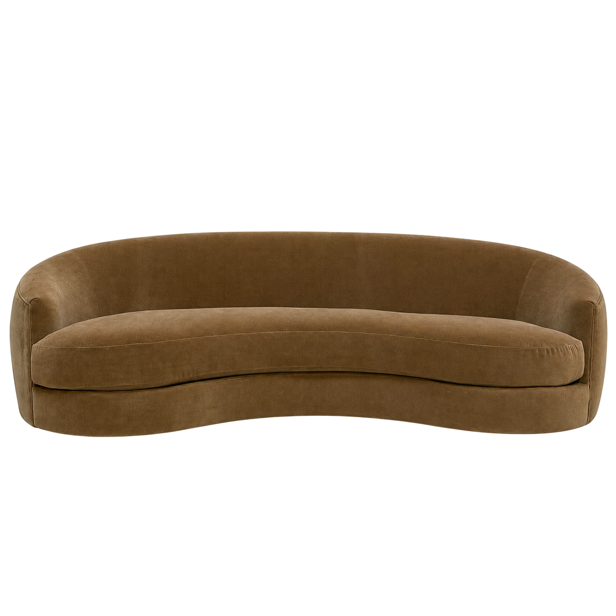 Grace Sofa shown from the front in Caramel velvet, with a sweeping curved back, rounded arms and a single bench seat cushion.
