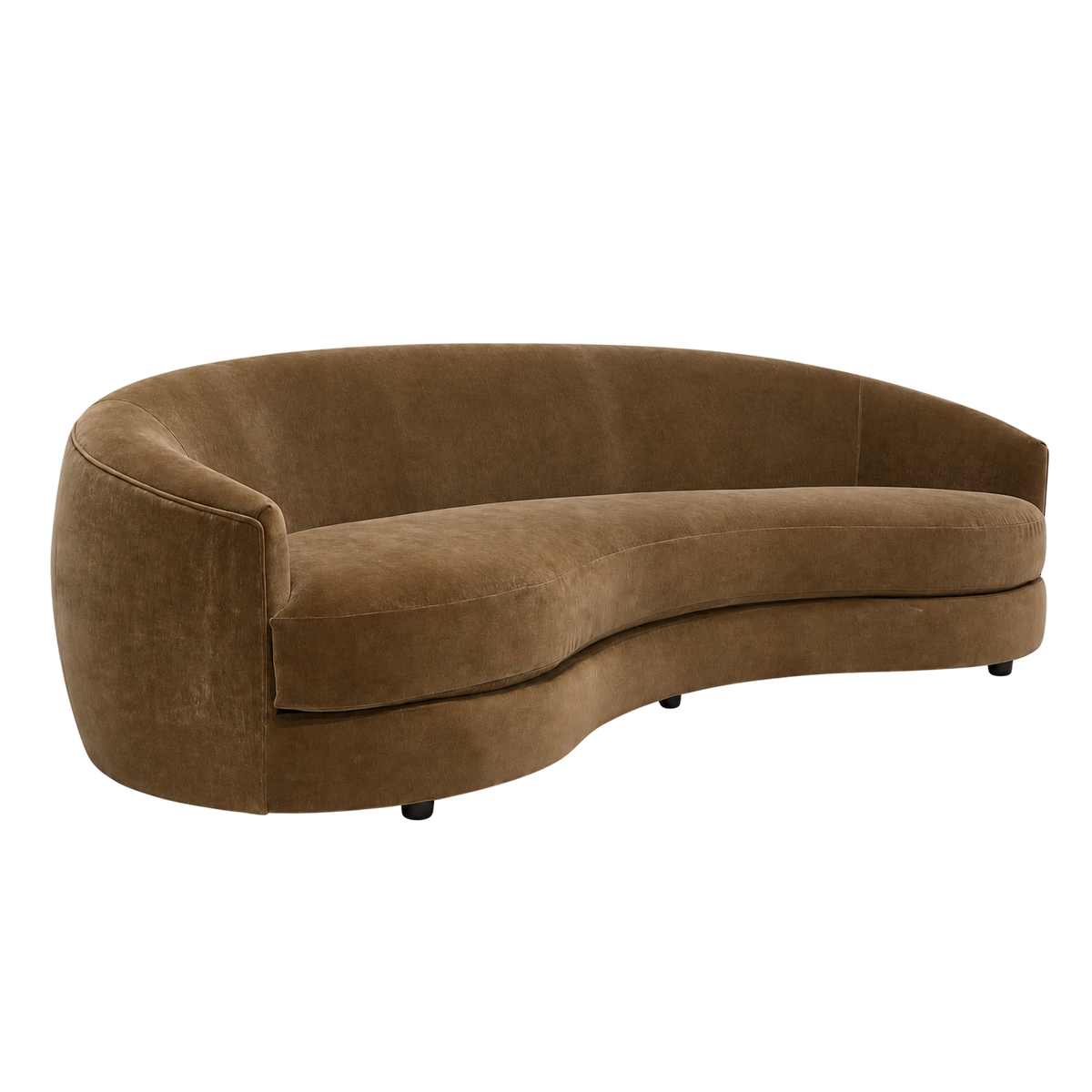 Grace Sofa in an angled view highlighting the Caramel velvet, the serpentine plinth base, piped arm seam and low dark feet.