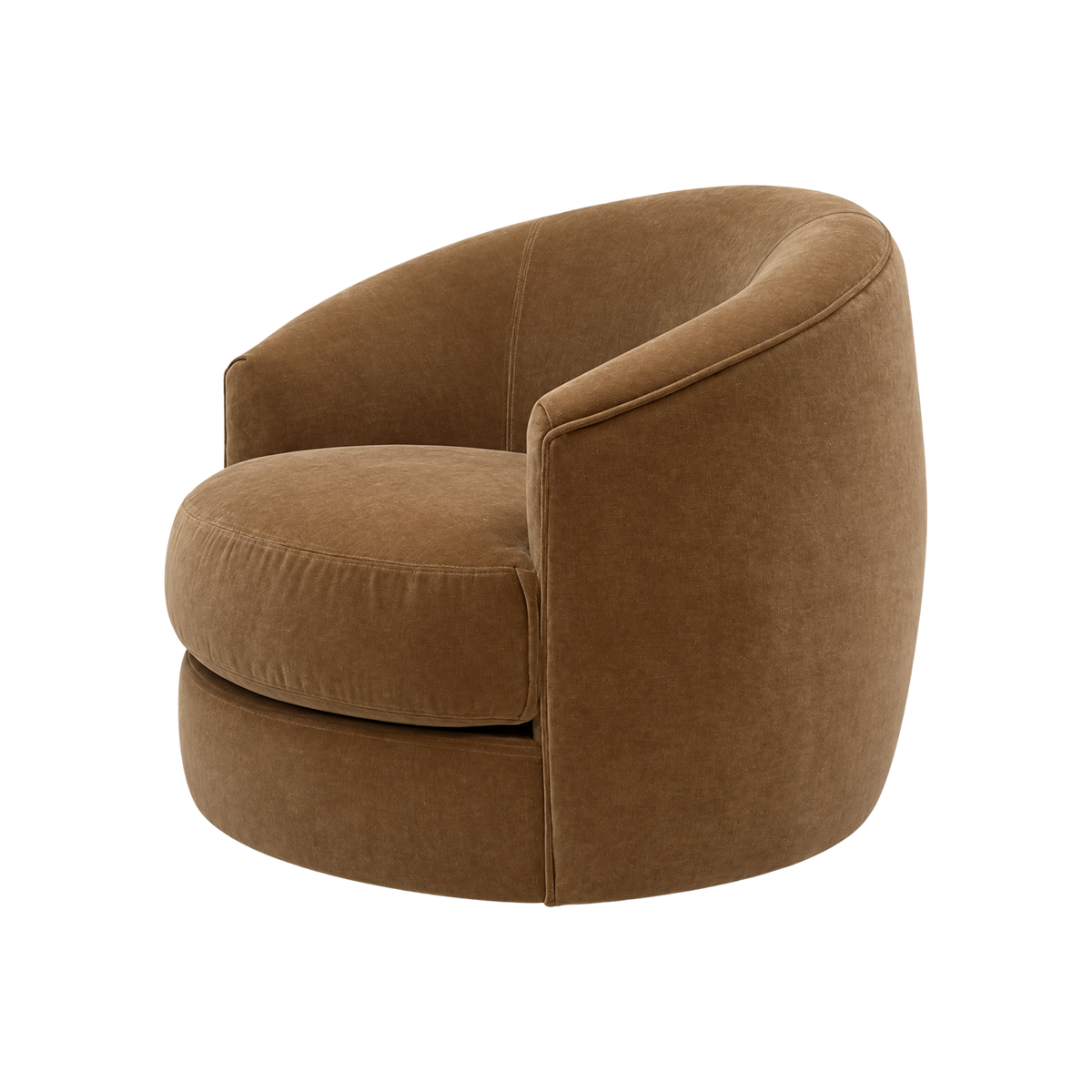 Grace Swivel Chair in an angled view highlighting the Caramel velvet, the center back seam, deep seat cushion and rounded base.