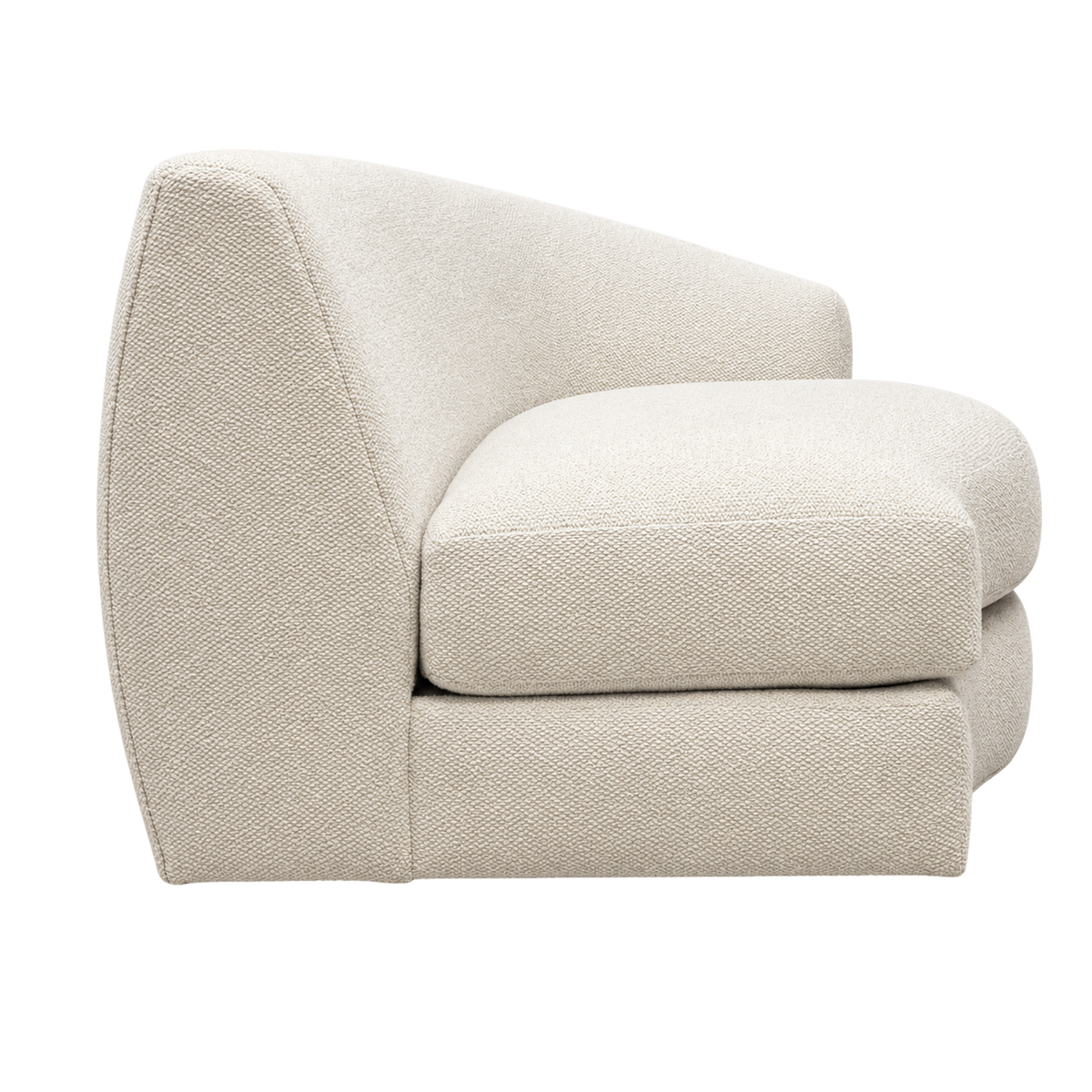 Grace right-arm-facing section in a side view in Cream textured weave, highlighting the sloped arm, floating seat cushion and tailored seams.