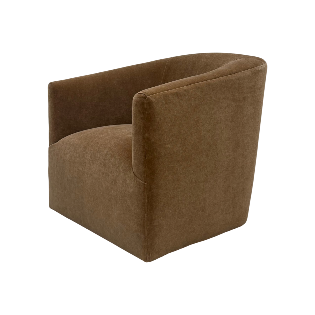 Colton Swivel Chair in Cognac chenille, three-quarter view showing the curved arm, rounded barrel shape, and sculpted seat base.