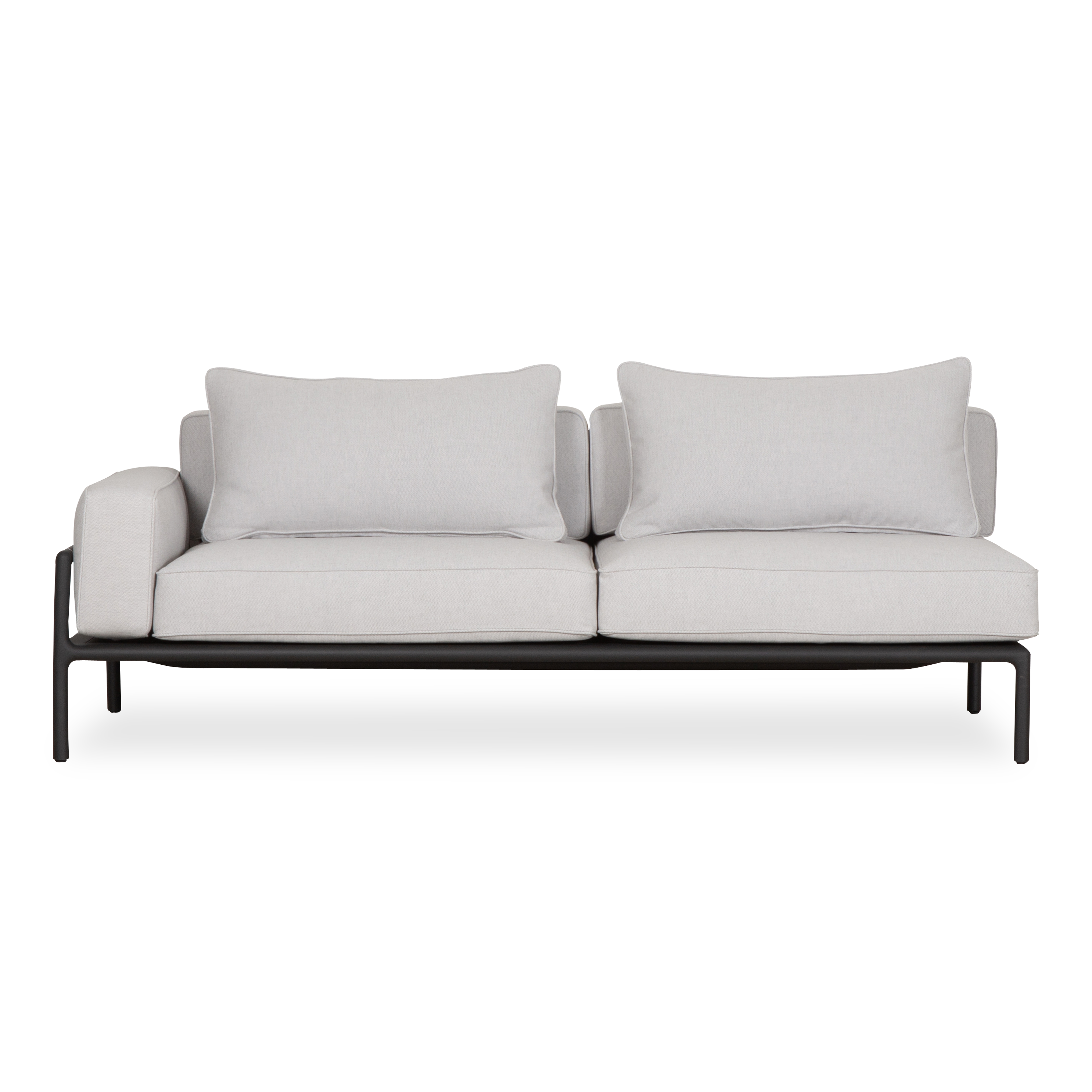 The Moto Modular Sectional features a distinctive low profile metal frame paired with a luxurious cushion system.