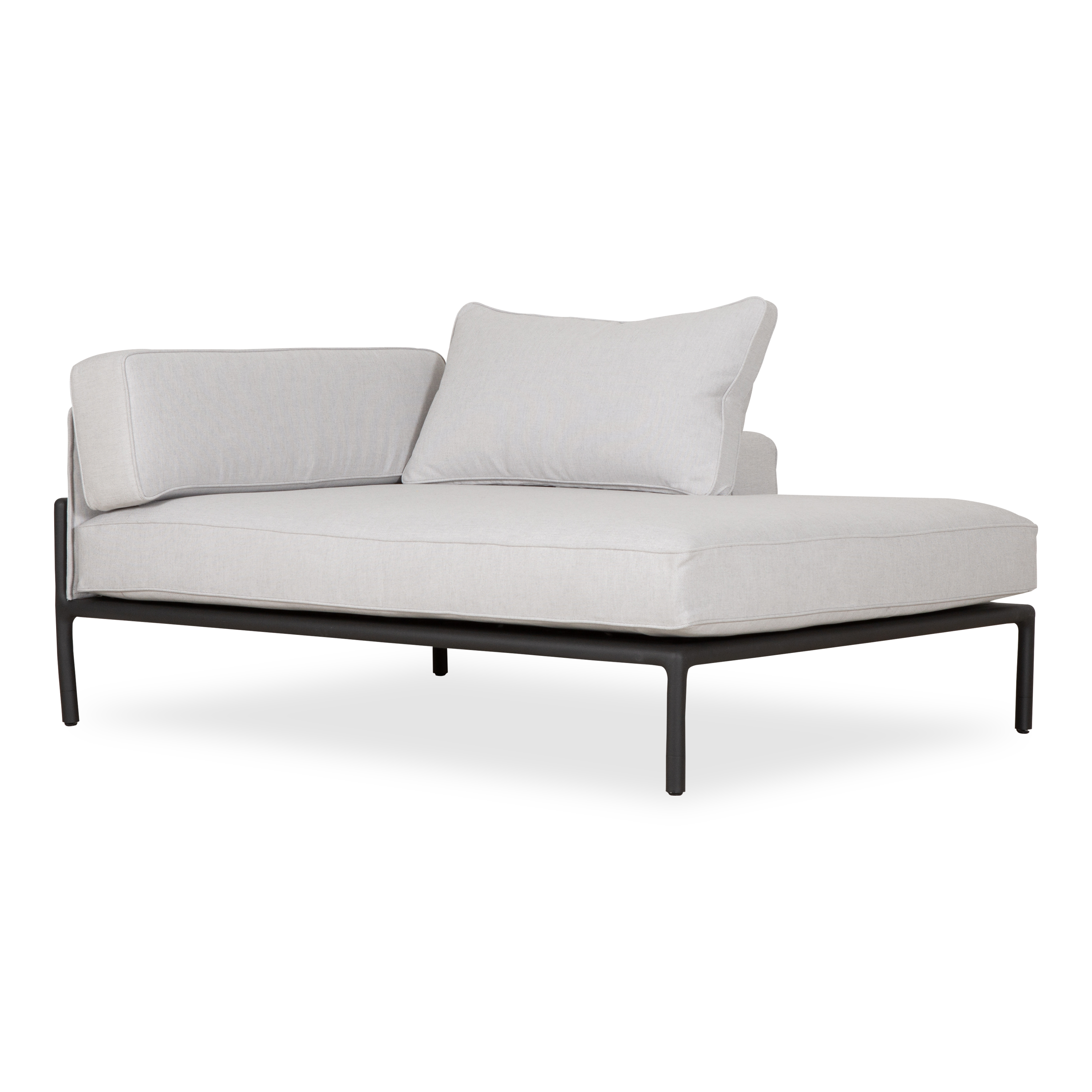 The Moto Modular Sectional features a distinctive low profile metal frame paired with a luxurious cushion system.